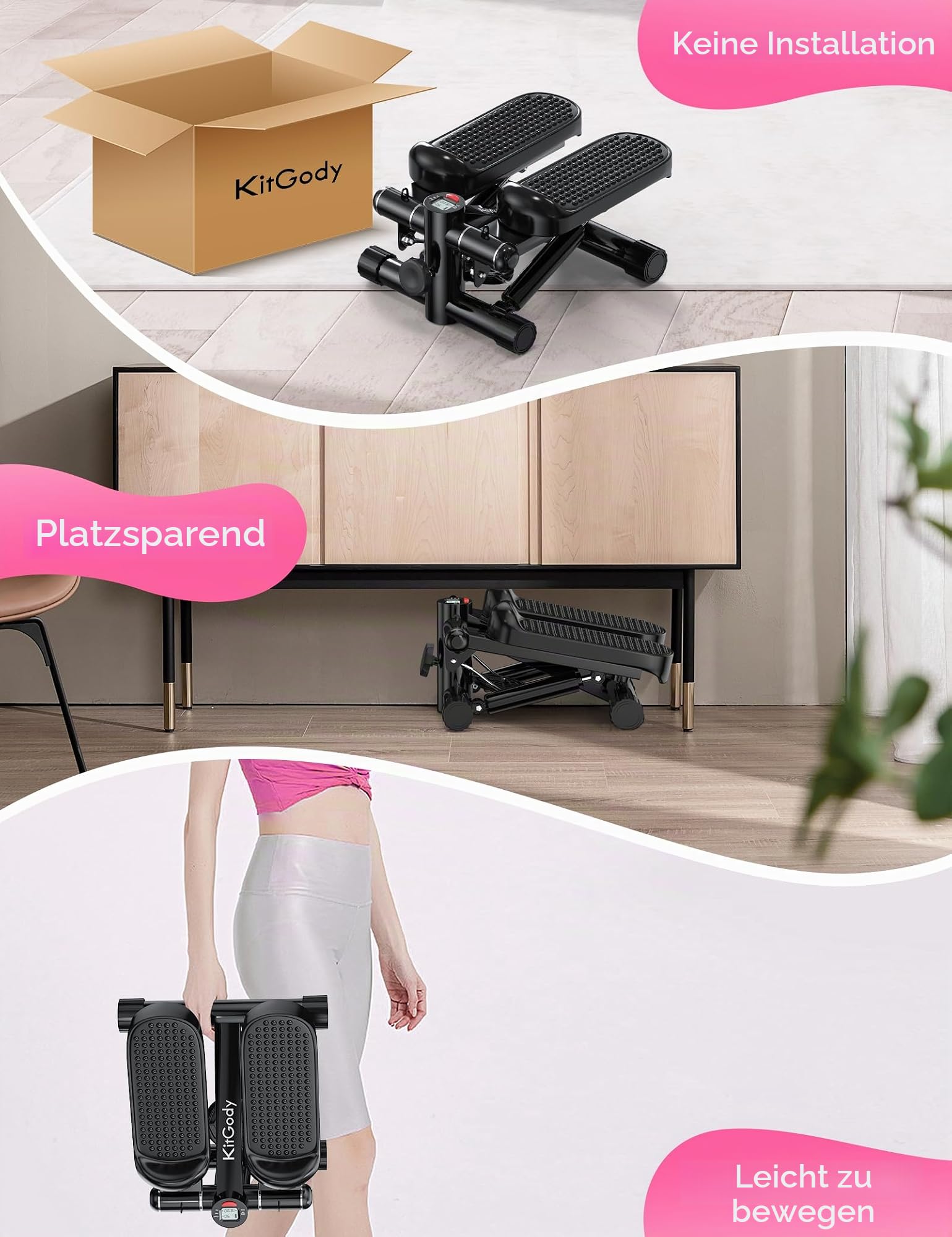 Mini-Stepper für Übungen, Treppenstepper 150 kg Kapazität, Workout-Stepper für Training zu Hause, Schrittmaschine mit Widerstandsbändern