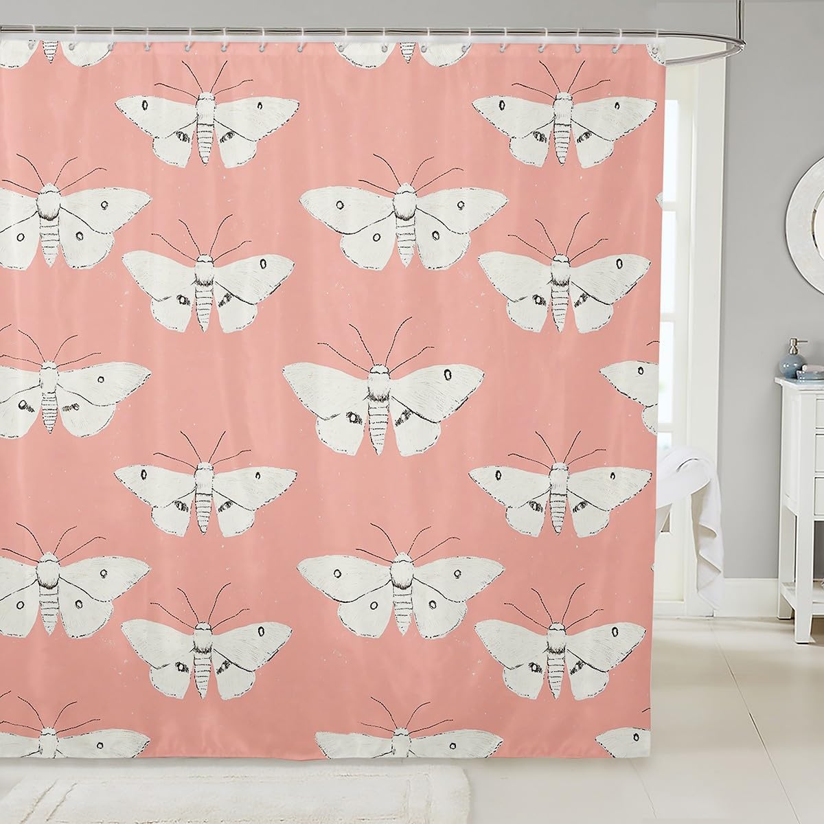 Feelyou Pink Moth Shower Curtain 72"x78" Boho Exotic Bath Curtain for Boys Girls Teens Bohemian Bathroom Shower Curtain Set Waterproof Kids Bathroom Accessories