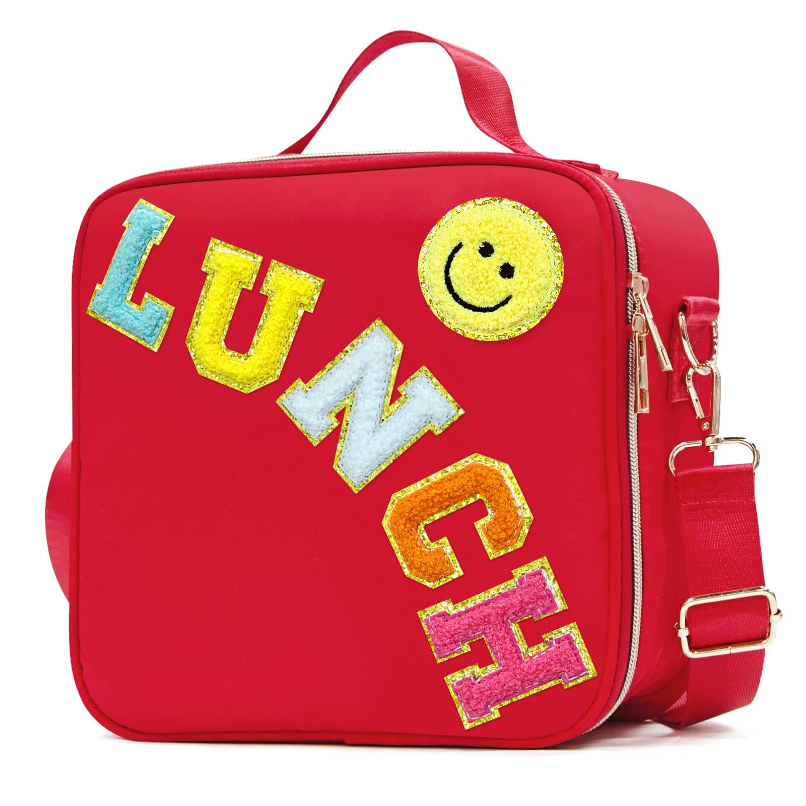 LOKFAR Insulated Lunch Bag, Adjustable Shoulder Strap Lunch Bag, Reusable Nylon Preppy Lunch Box with Chenille Lettering for Girls School Travel Picnic, Suitable for Ages 6 and up (Red)