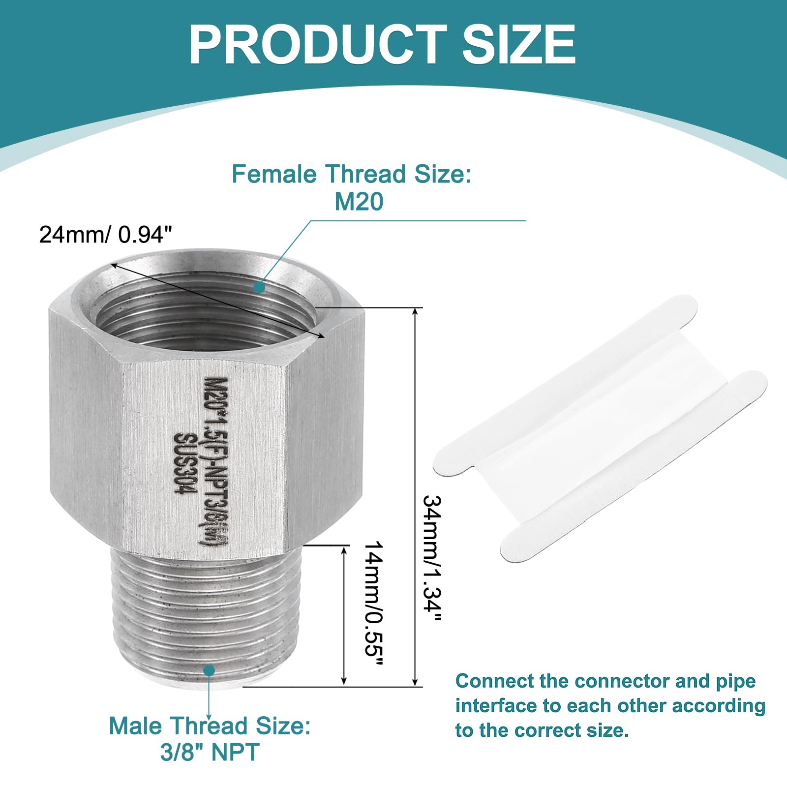 QUARKZMAN Reduktor do rur Adapter redukcyjny 3/8" NPT męski x M20 żeński 304 złącze reduktora ciśnienia wody oleju powietrza kolor srebrny