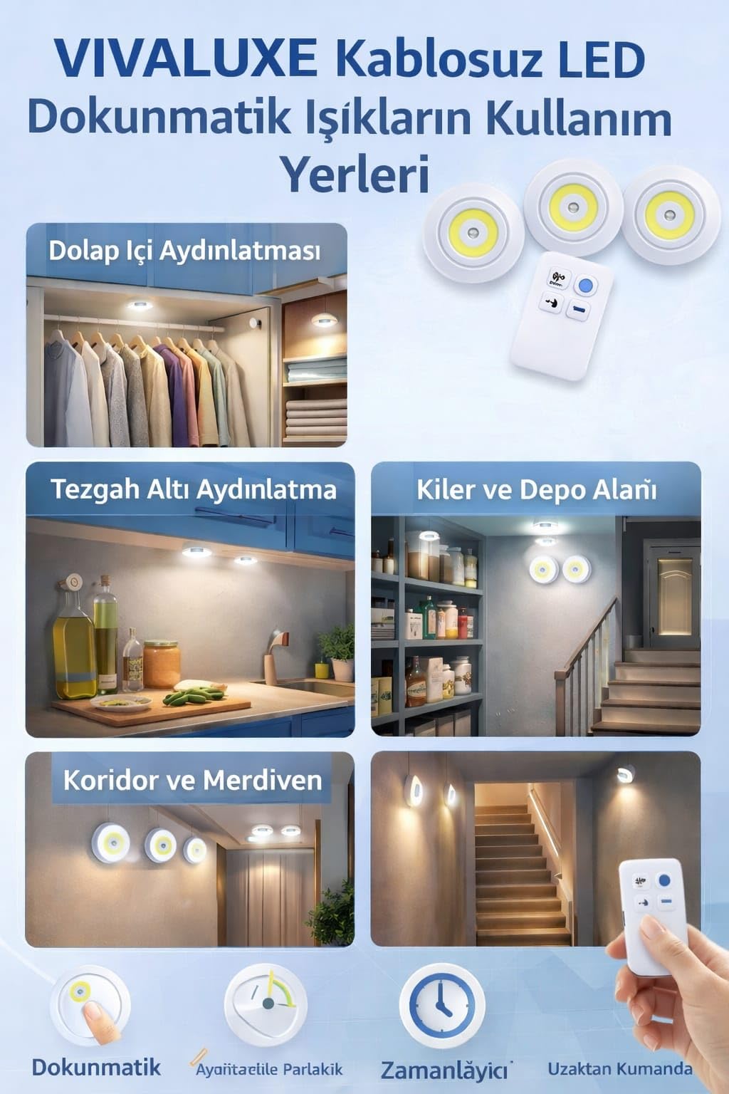 VIVALUXE Kablosuz LED Dokunmatik Işık Seti (3’lü), Uzaktan Kumandalı, Beyaz Işık, Ayarlanabilir Parlaklık, Zamanlayıcılı, Pil ile Çalışan Dolap ve Mutfak Altı Aydınlatma