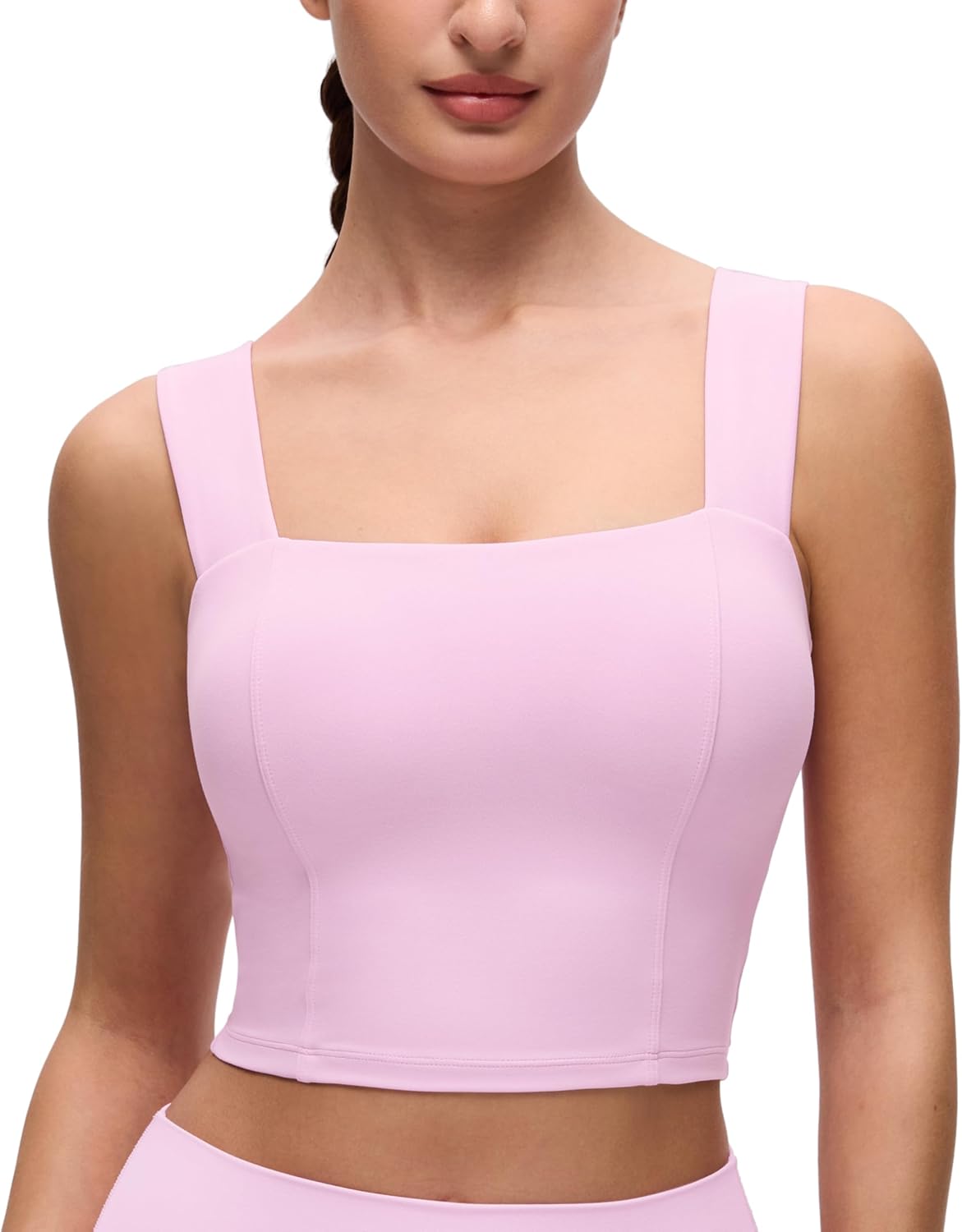 CRZ YOGA Butterluxe Wide Straps Square Neck Crop Tank Tops for Women - Padded Workout Yoga Longline Sports Bras