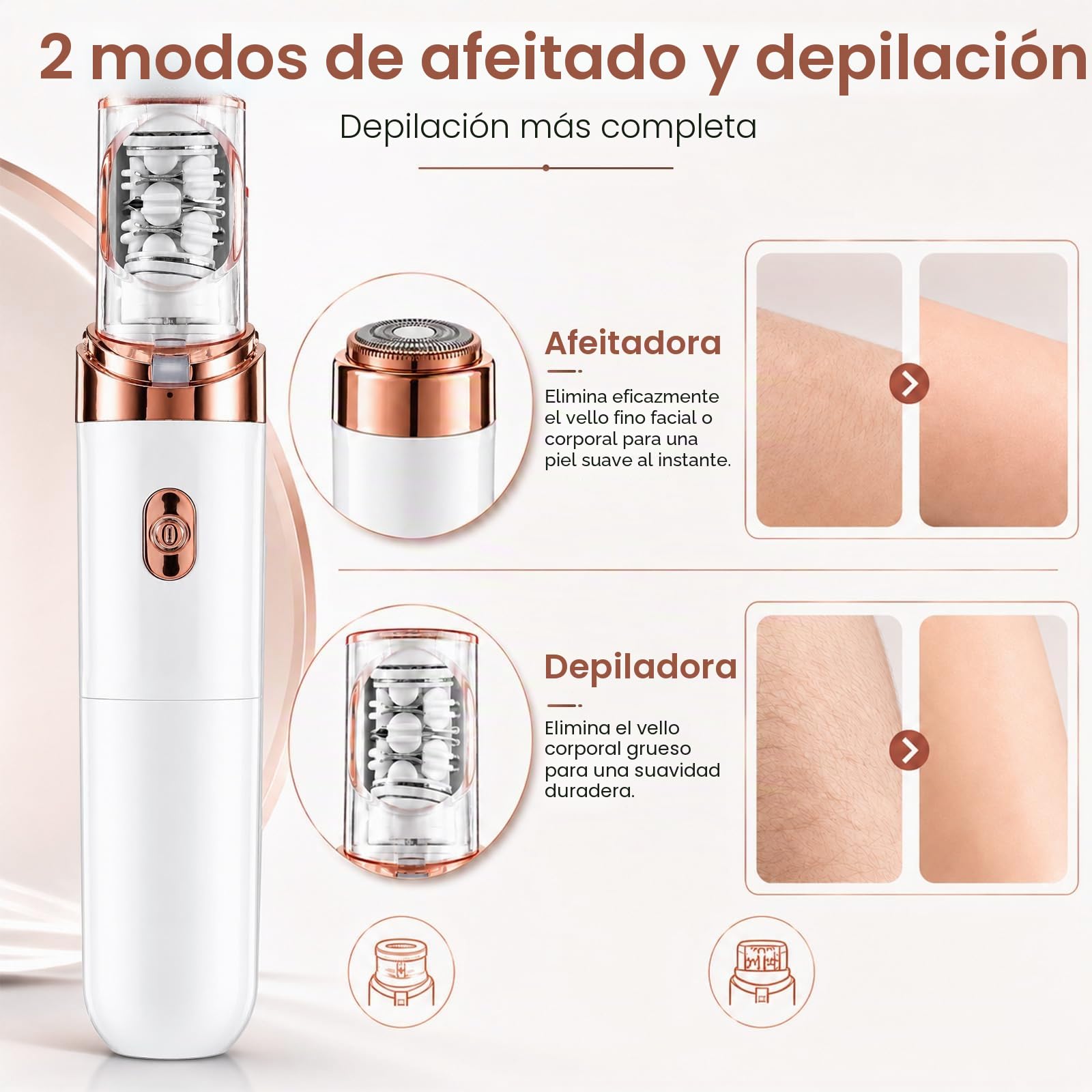 Depiladora Facial Mujer, 2 en 1 Depiladora Cara para Mujeres Recargable con Luz LED, Afeitadora Facial Depiladora Eléctrica Portátil Sin Dolor, Maquinilla Eléctrica para Rostro Piernas Brazos y Bikini