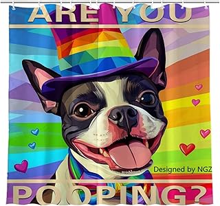 NGZ Funny Boston Terrier Shower Curtain, are You Pooping, Fun Pet Design 72x72 Inches Shower Curtain with 12 Hooks for Bathroom Decor