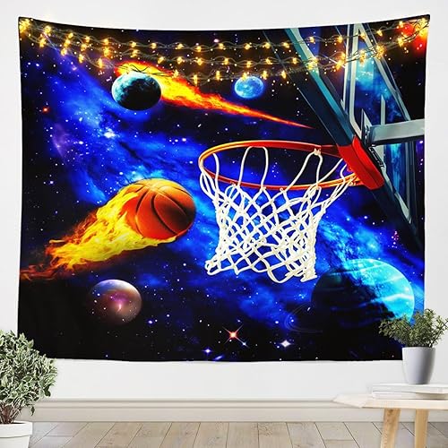 Tapices de baloncesto, tapiz de aro de baloncesto, galaxia, planeta, para colgar en la pared, arte para dormitorio, estético, divertido, para
