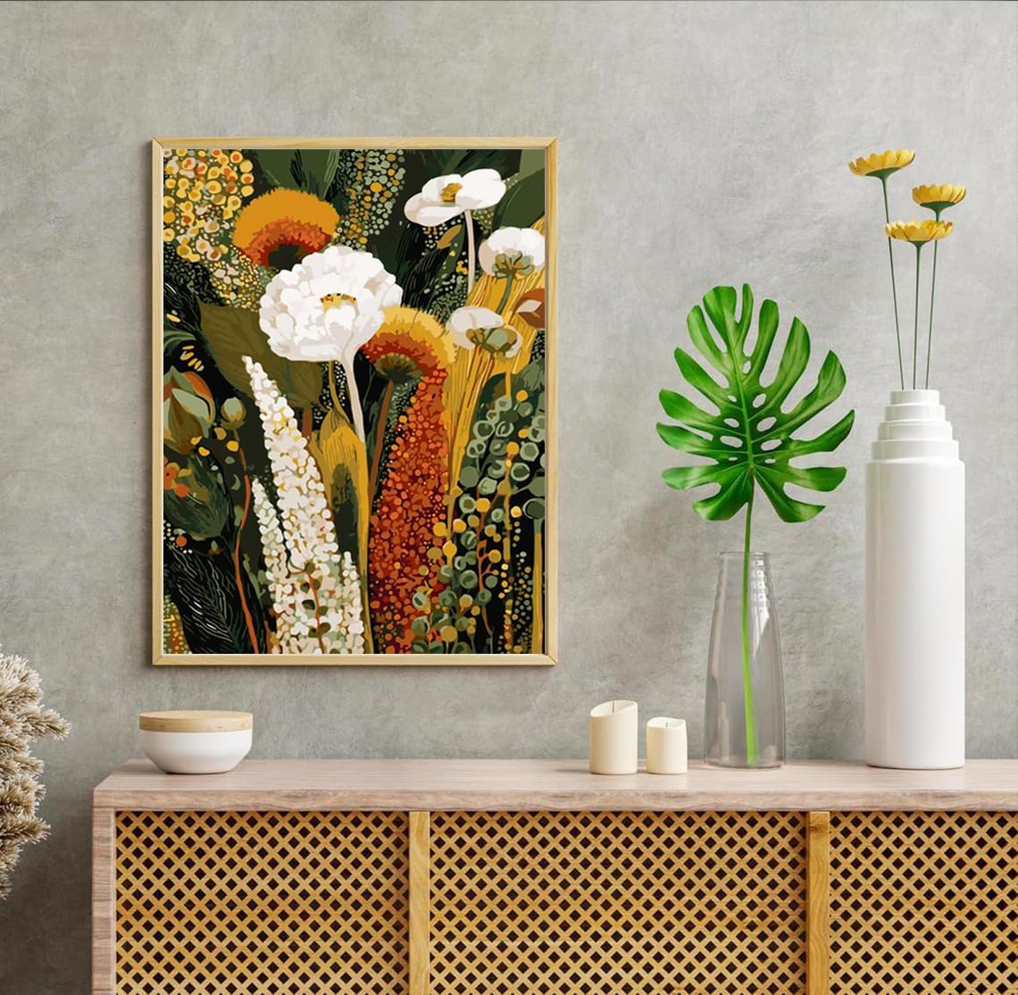 Gearock Paint by Numbers Kit for Adults, Vintage White Floral Botanical Acrylic Painting Kits, DIY Wildflowers Paint by Number for Beginners, Boho Home Wall Decor, 16x20 Inch