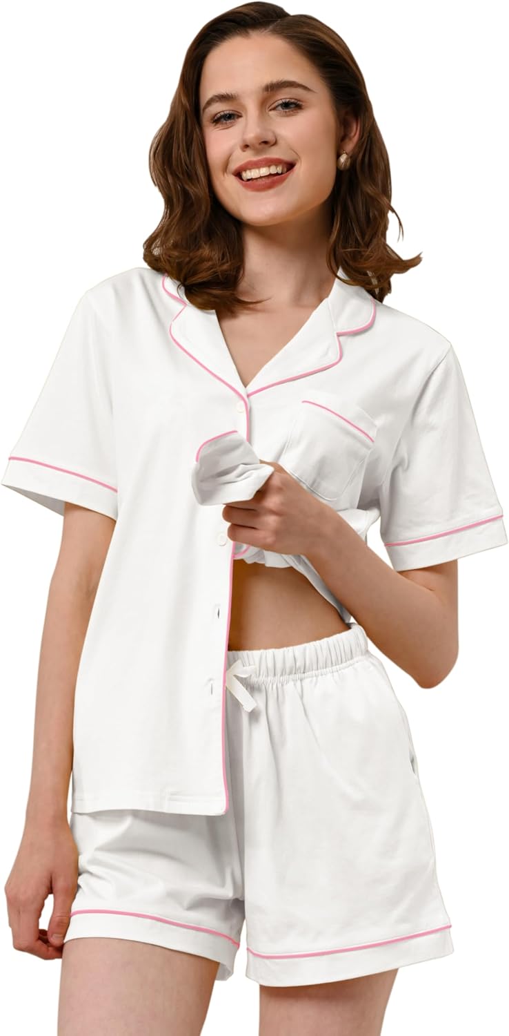 100% Cotton Pajamas for Women Sets 2 Pieces Pjs Button short sleeves with Pockets Soft Sleepwear Loungewear XS-XXL