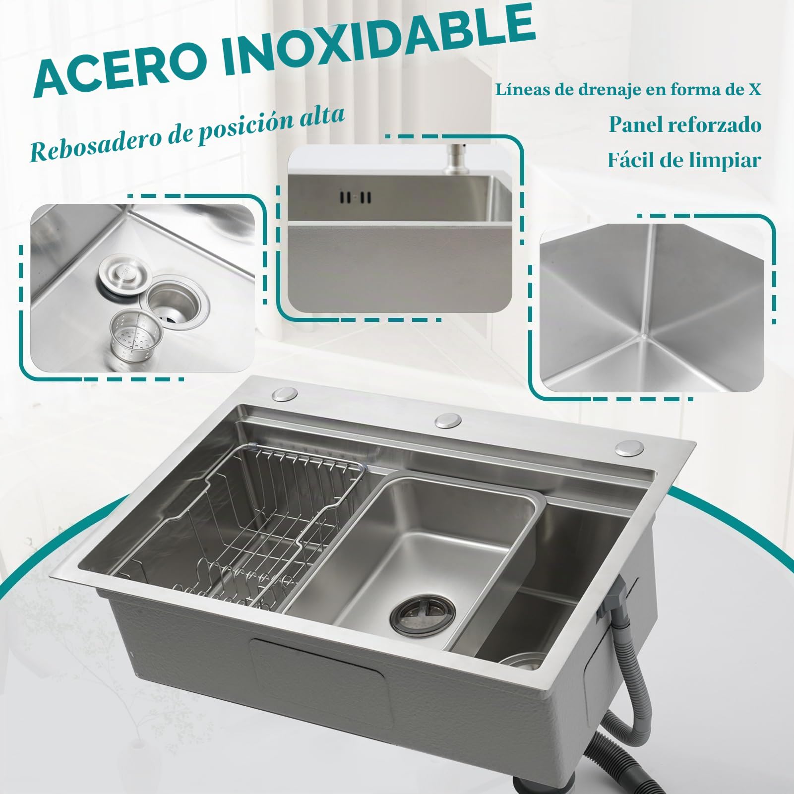 Fregadero Grande de Cocina 80x50cm, Acero Inoxidable 304 Cepillado, 1 Seno, con Tabla Cortar Inox, Escurridor, Rejilla y Kit Desagüe Completo, para Bajoencimera o Sobremesa