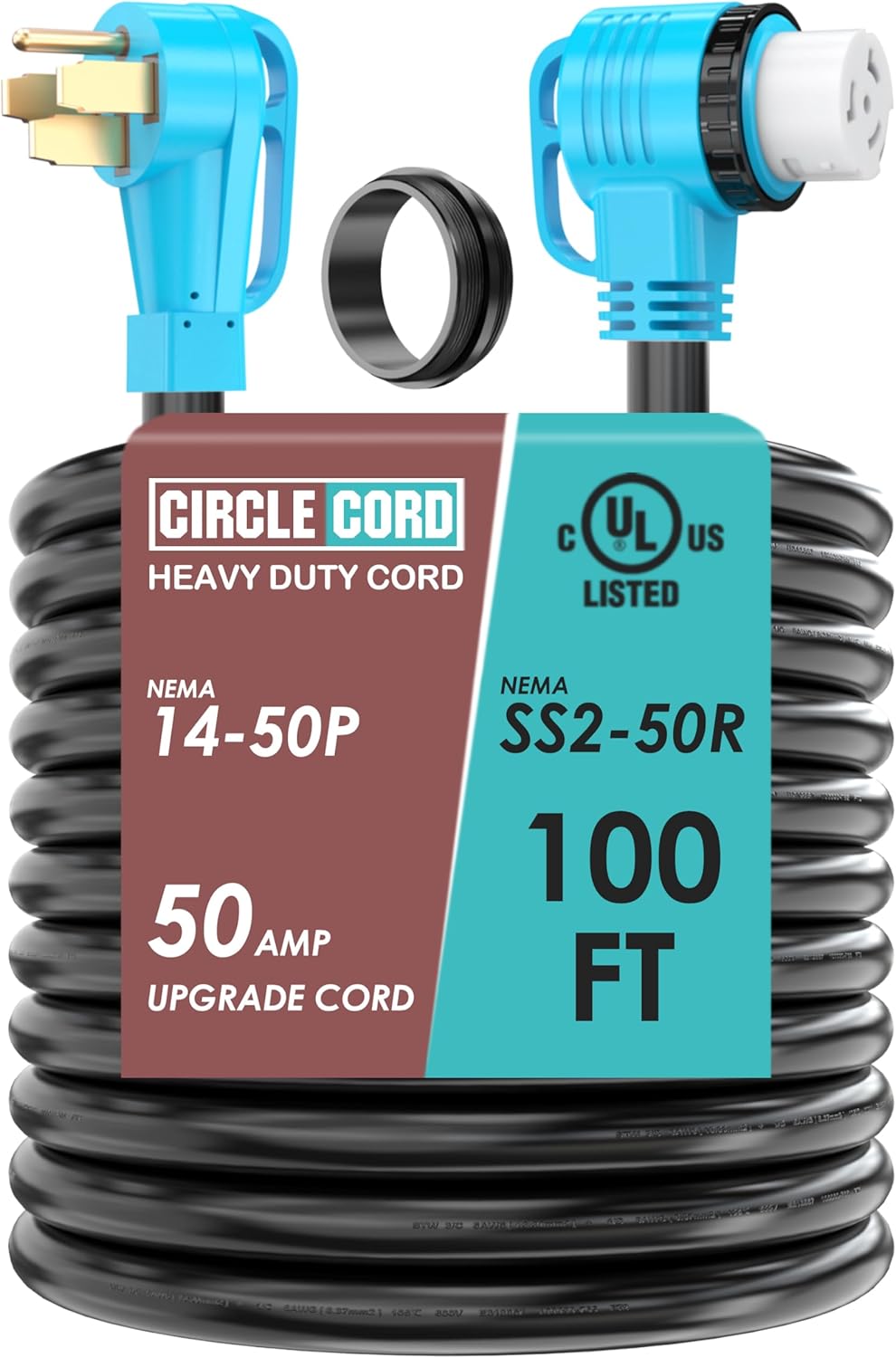 CircleCord UL Listed 50 Amp 100 Feet RV/Generator Cord with 90° Right Angle Locking Connector, Heavy Duty 6/3+8/1 Gauge STW Wire, 14-50P Male and SS2-50R Female for RV Camper and Generator to House