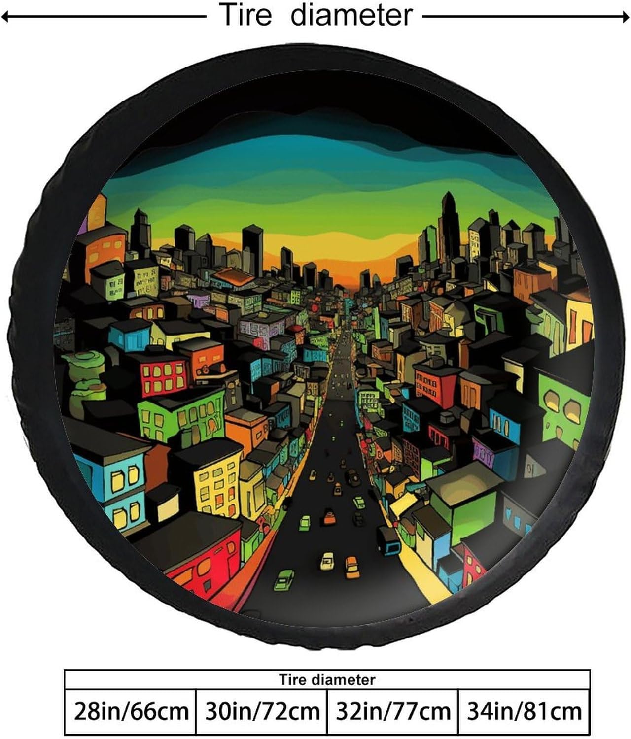 Universal Fits Diameters 28-34inch Spare Wheel Tire Cover Cartoon Cities and Buildings Waterproof Leather Wheel Cover for Trailer RV SUV