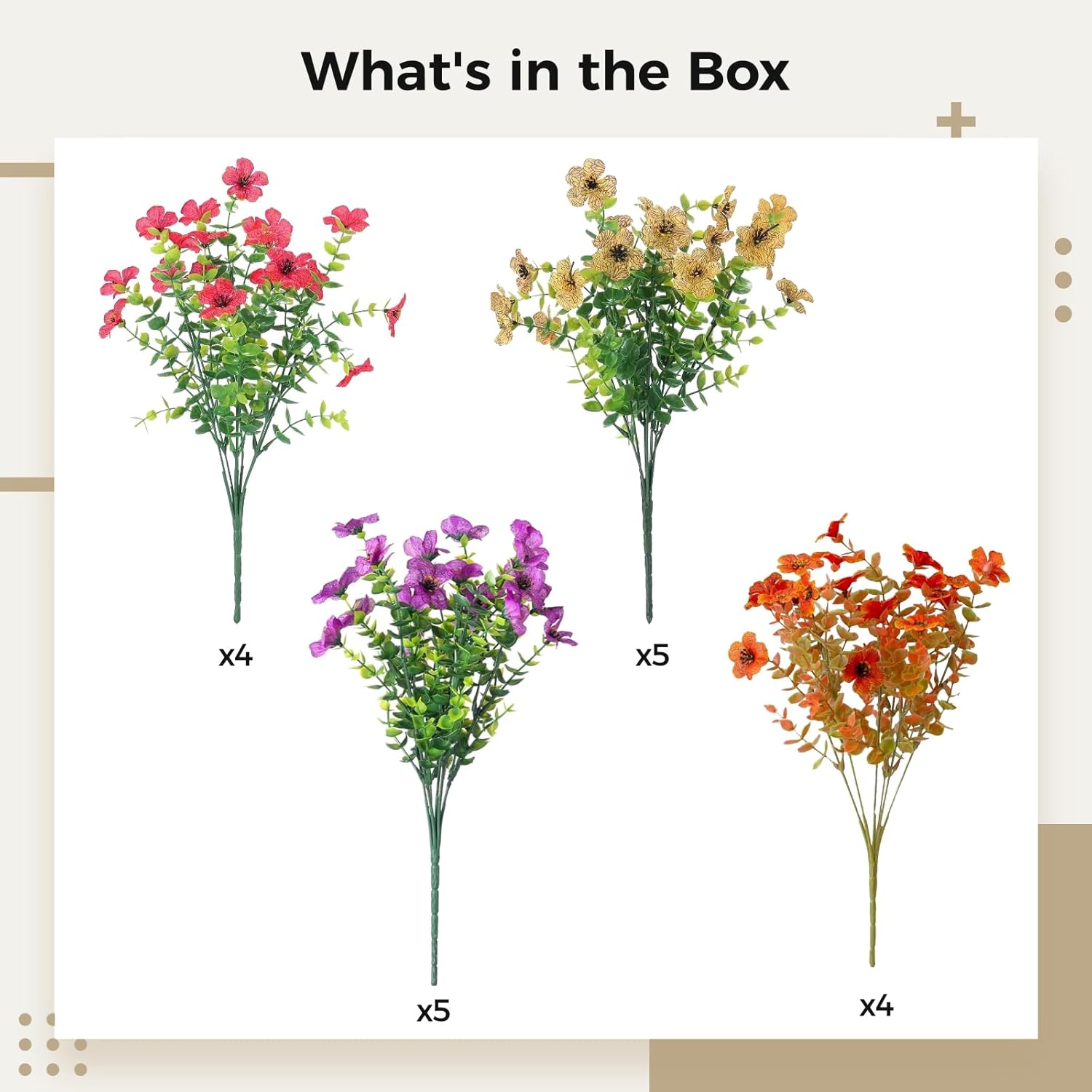 18 Pcs Eucalyptus Faux Flowers, Vibrant Silk Flowers For Indoor And Outdoor Decoration, Includes Red, Violet, And Yellow, 14.2 Inch