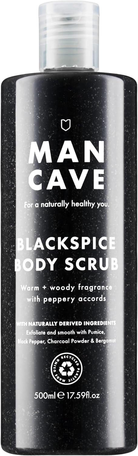 ManCave Blackspice Peeling do Ciała dla Mężczyzn, 500 ml, Naturalne Składniki, Wegański, Przyjazny Środowisku i Cruelty-Free, Ciepły Drzewny Peeling dla Mężczyzn z Pumeksem i Węglem Aktywnym
