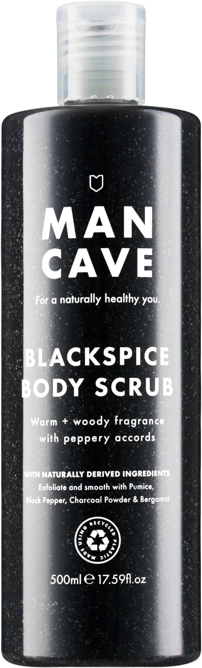 ManCave Blackspice Body Scrub 500ml for Men, Warm & Woody Aroma, Exfoliate & Cleanse Skin with Pumice and Charcoal Powder Scrub, Natural Formulation, Vegan Friendly, Made in England