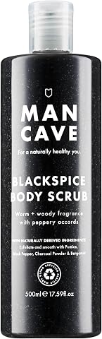 ManCave Exfoliante Corporal Blackspice, 500 ml – Peeling Corporal para Hombre con Aroma Cálido y Amaderado – Exfoliante de Cuerpo con Piedra Pómez y Polvo de Carbón – Formulación Natural y Vegana