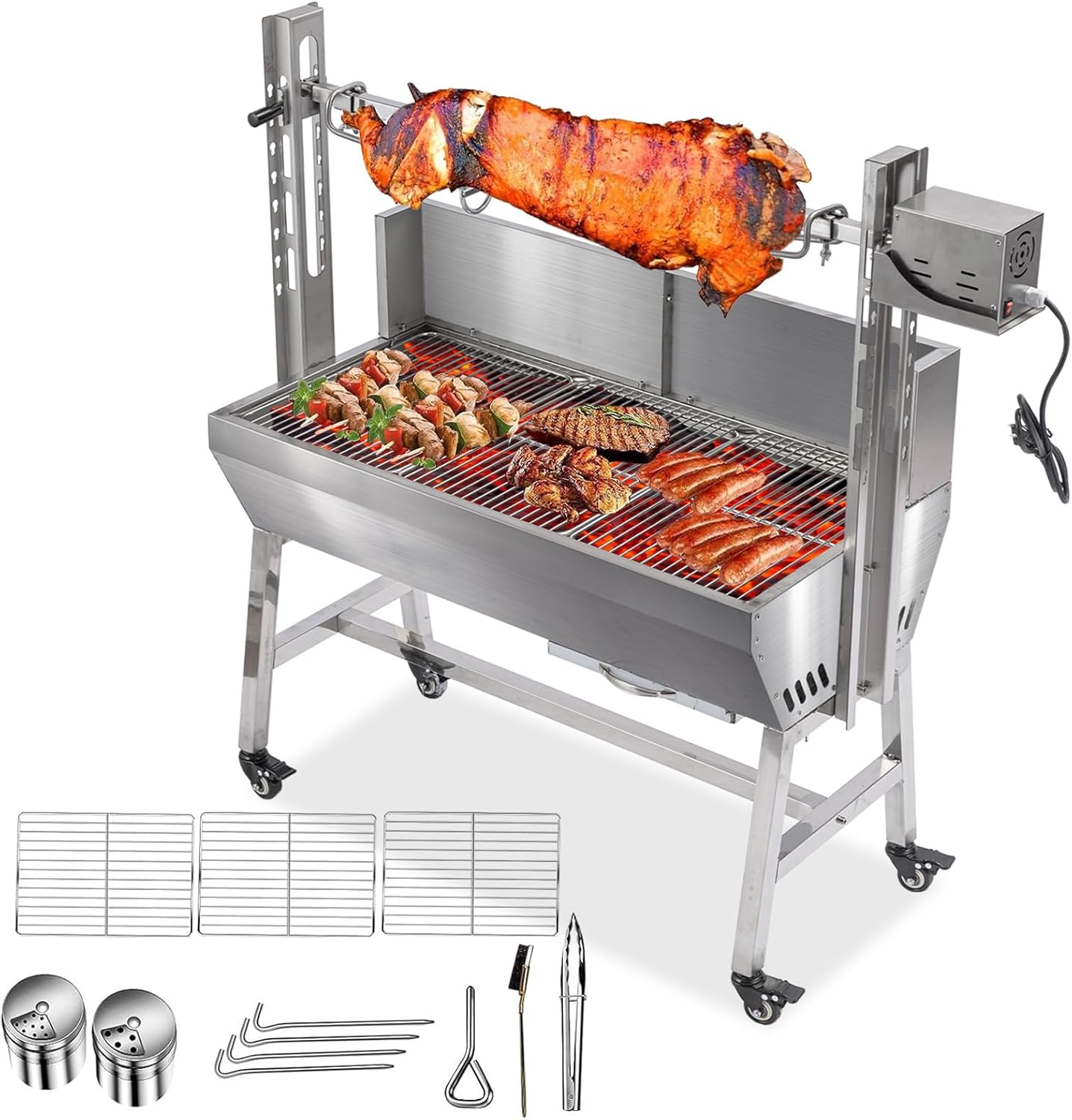 25W Stainless steel pig roaster rotisserie grill, 34.6-inch rated 132-pound barbecue grill suitable for outdoor camping kitchens