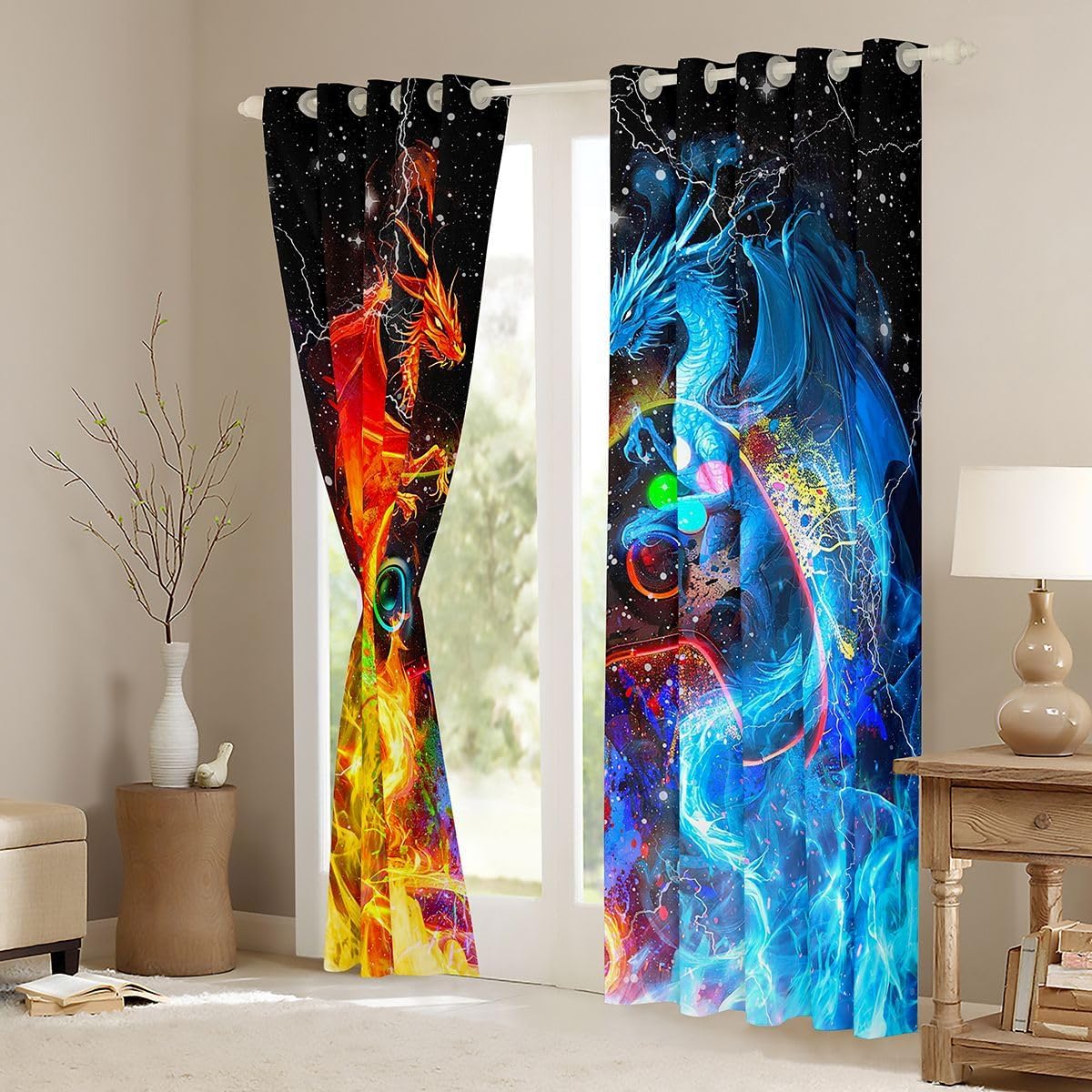 Feelyou Gamer Blackout Curtains Dragon Gaming Window Curtains Ice Fire Dragon Darkening Drapes for Bedroom for Kids Boys Girls Gamepad Living Room Window Treatments (2 Panels, 38 x 45 Inch) image 3