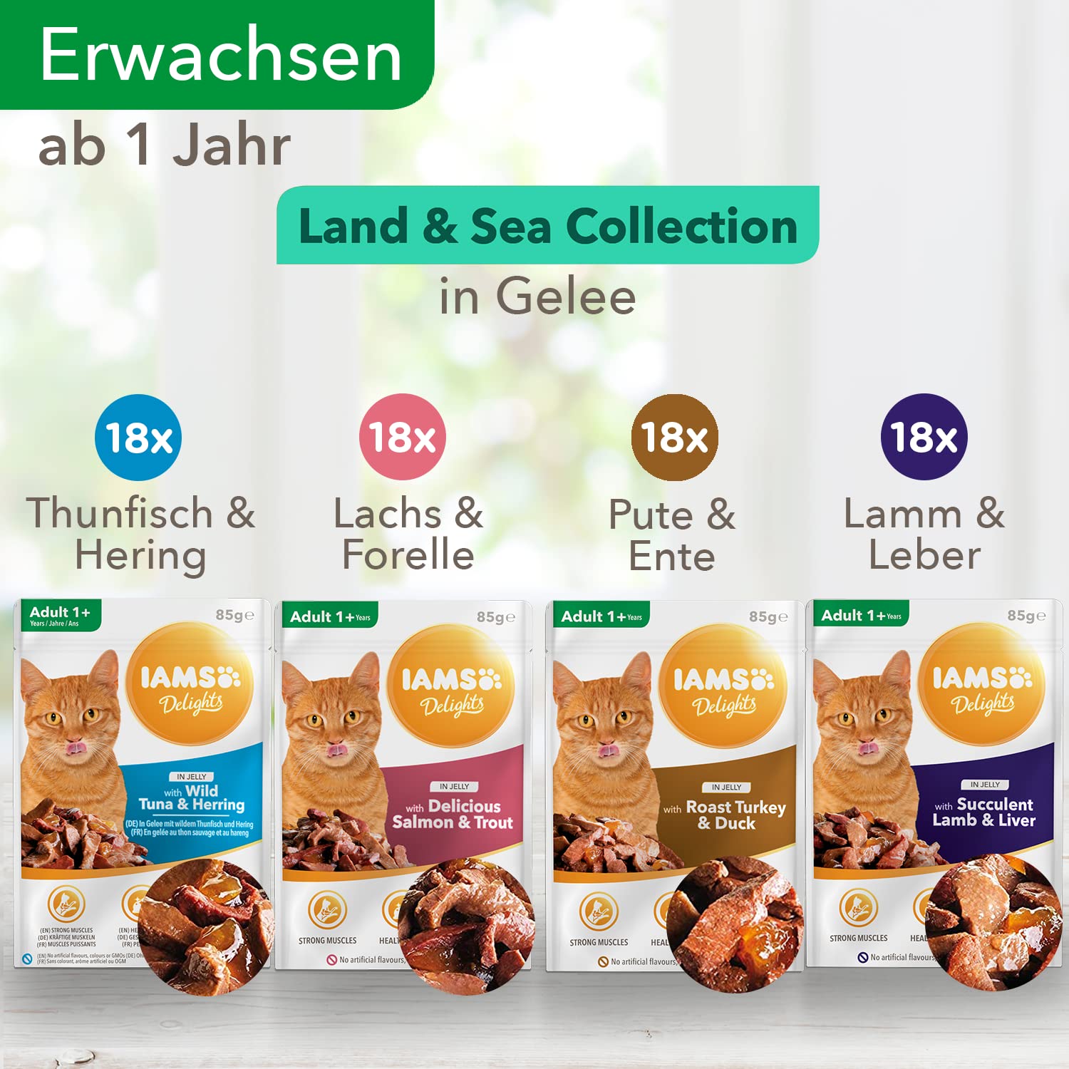 Iams Advanced Nutrition Chat Adulte Assortiment Sachets Humides Terre Land Collection en Gelée 72 x 85g