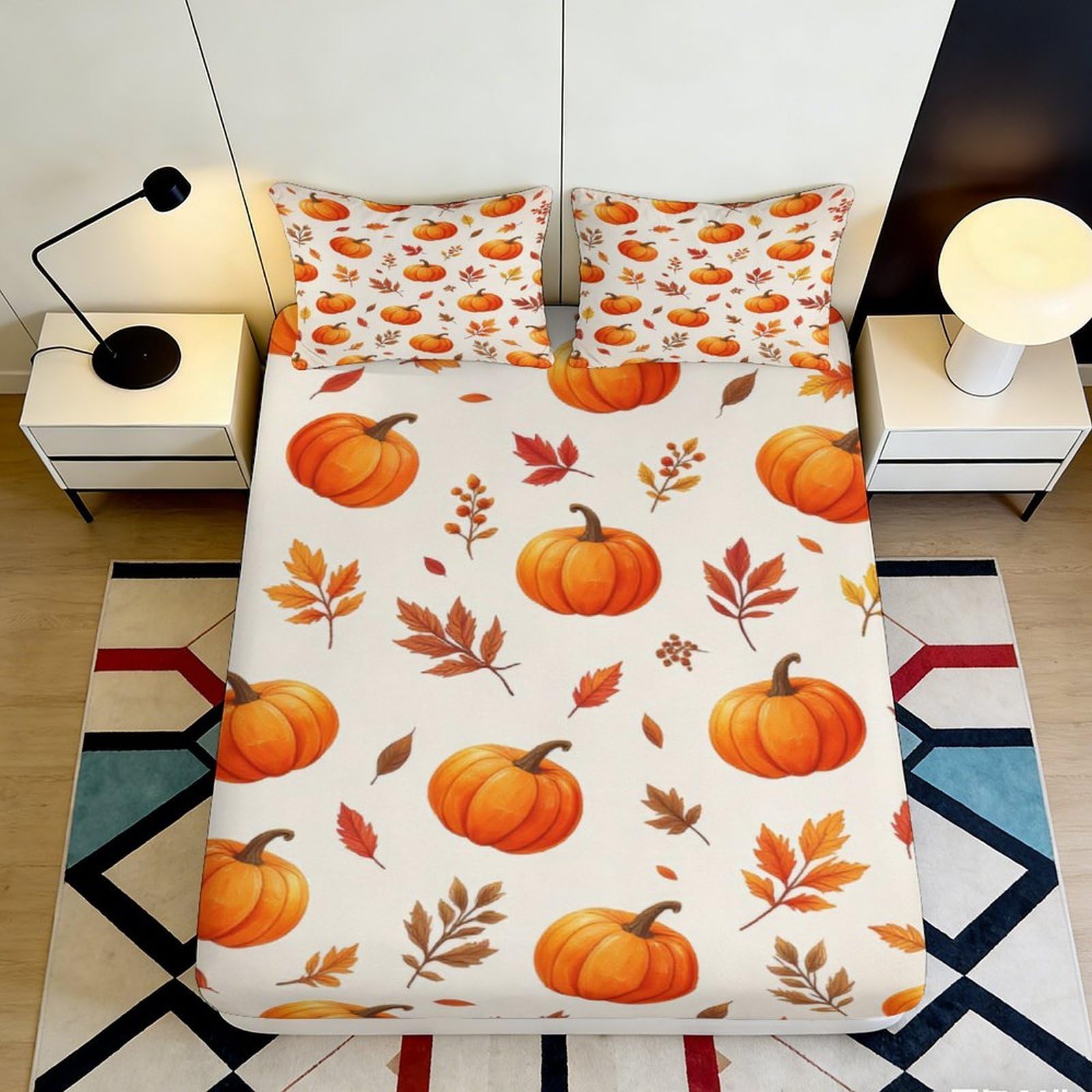 3D Printed Pumpkin Leaf Fitted Sheet Microfiber Non-Slip Deep Pocket Autumn Bedroom Pumpkin Mattress Fitted Cover 140x200x25cm