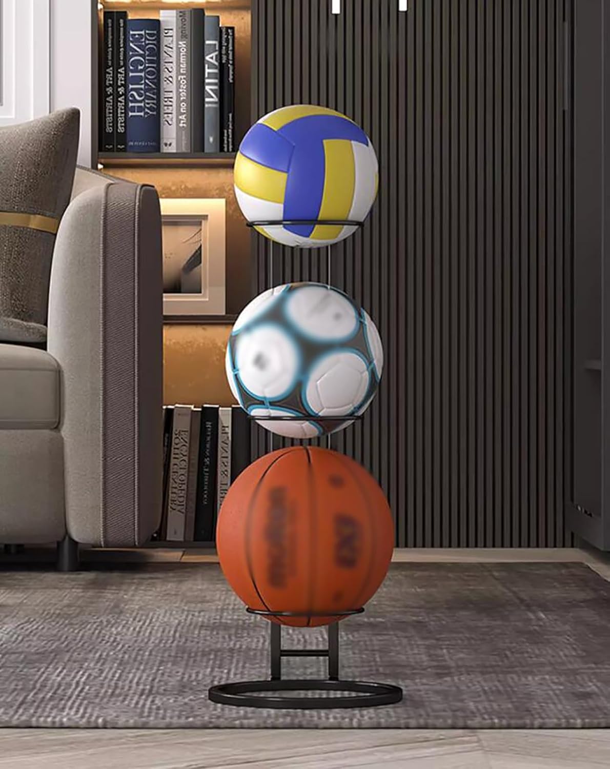 3-Tier Ball Storage Rack - Floor-Standing Holder for Gym, School, Garage - Organize Soccer, Basketball, Volleyball & Baseball - Durable & Space-Saving Solution