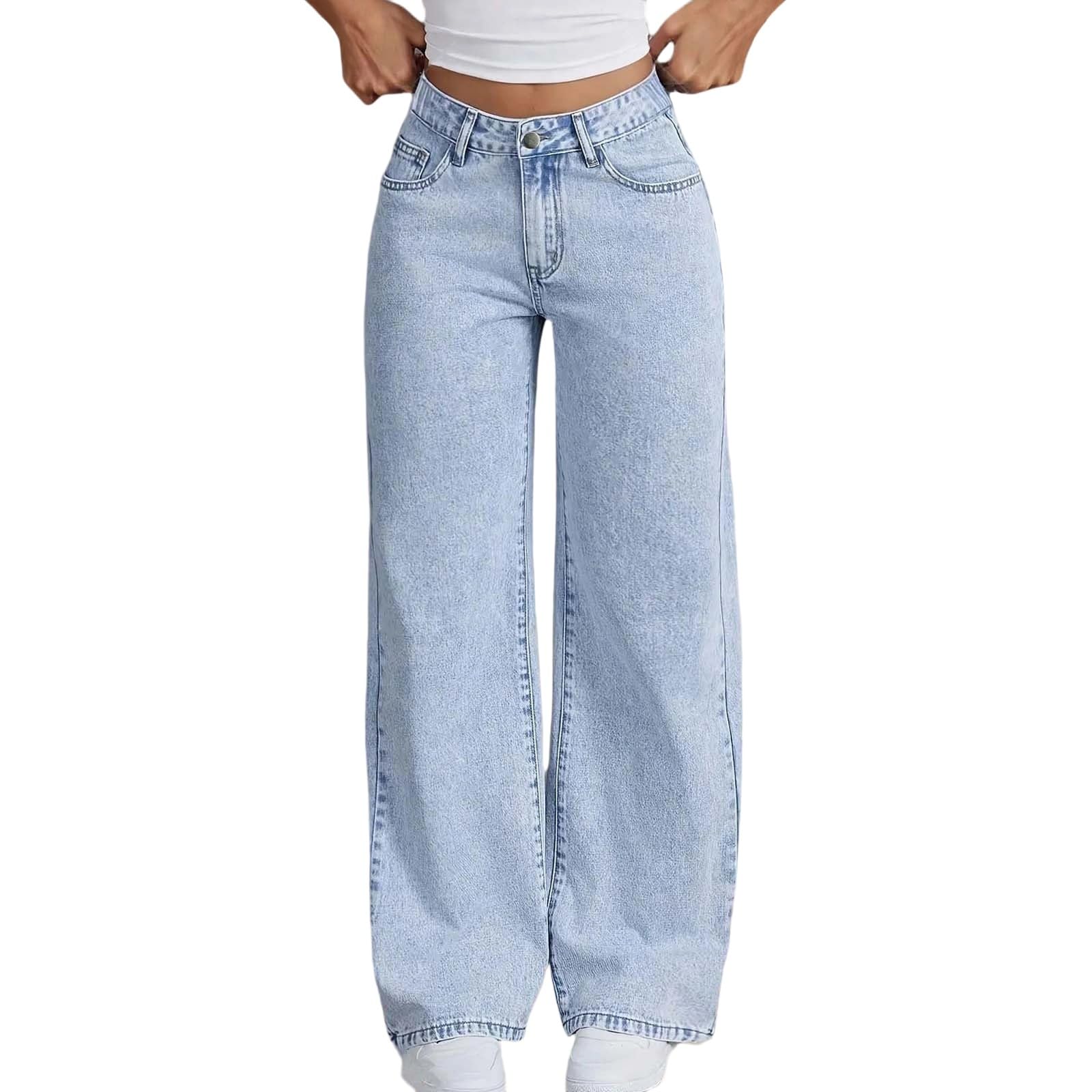 Jeans a Gamba Dritta a Vita Alta per Ragazze con Fiocco Ricamato, Pantaloni Casual Carini per l'uso Quotidiano, Comodi Pantaloni in Denim Larghi per Adolescenti