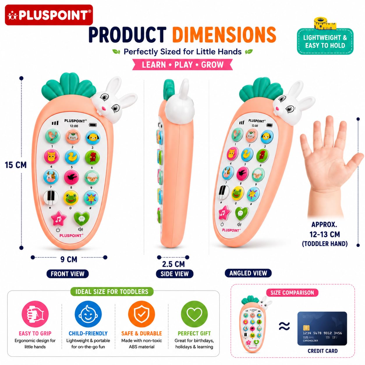 PLUSPOINT Rabbit Bunny Toy Phone for Toddlers | Carrot Style Musical Mobile with Animal Sounds, Songs & Flashing Lights | Pretend Play Educational Learning Toy | Birthday Return Gift for Boys & Girls 2