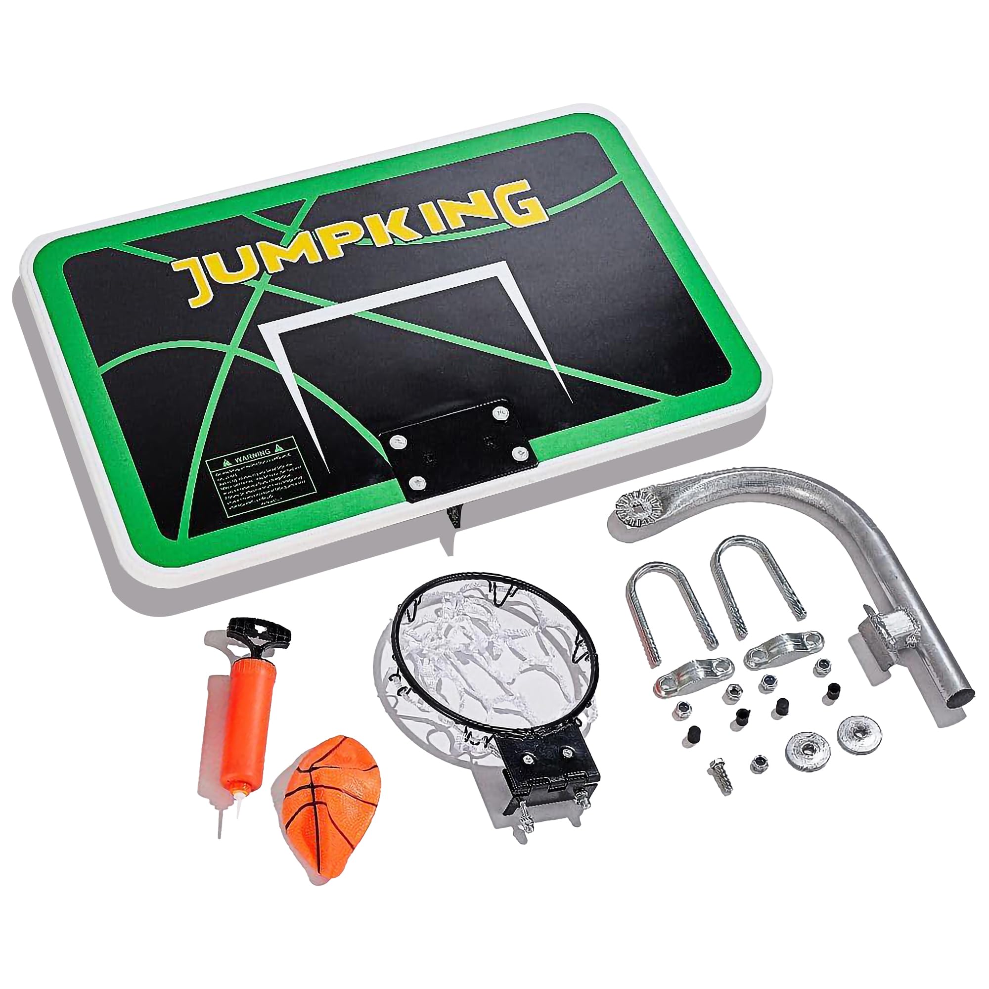 JumpKing Trampoline Basketball Hoop Set – 7.5" Dia. Breakaway Metal Ring with Goose Neck Pole & Inflatable Mini Basketball (Fits Most Trampoline