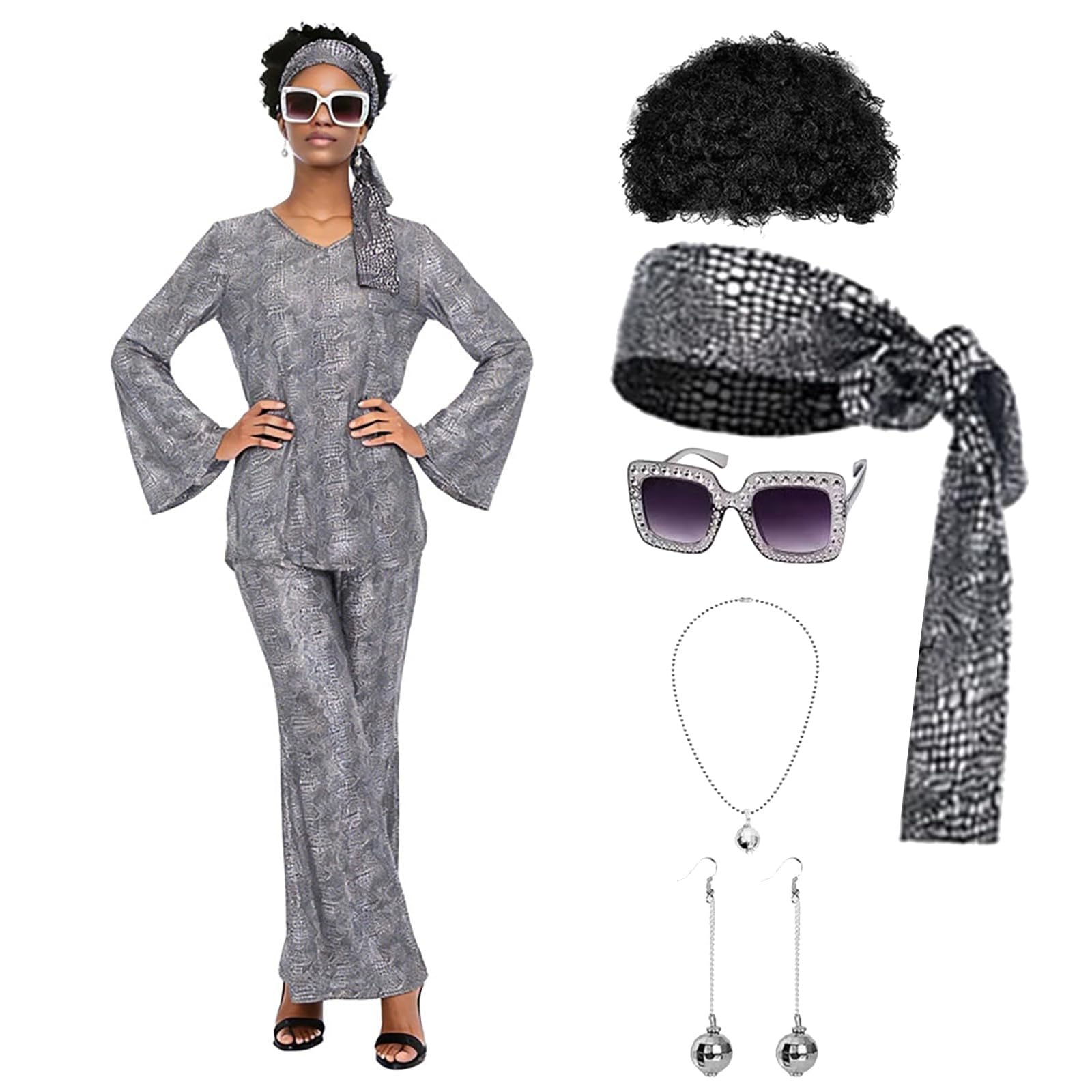 Disco Kostüm Damen 60er 70er Jahre Disco Outfit mit Perücke Halskette Armband Ohrringe Stirnband Pailletten 80er Jahre Hippie Kostüm für Halloween Faschingskostüme Themenparty S-3XL