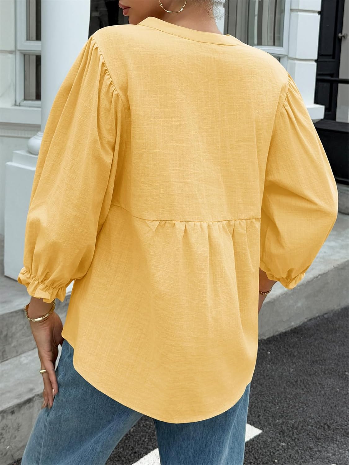 Tankaneo Womens Puff Sleeve Babydoll Tops V Neck Button Down Blouse Cute Casual Loose Fit Flowy Shirts - Image 5