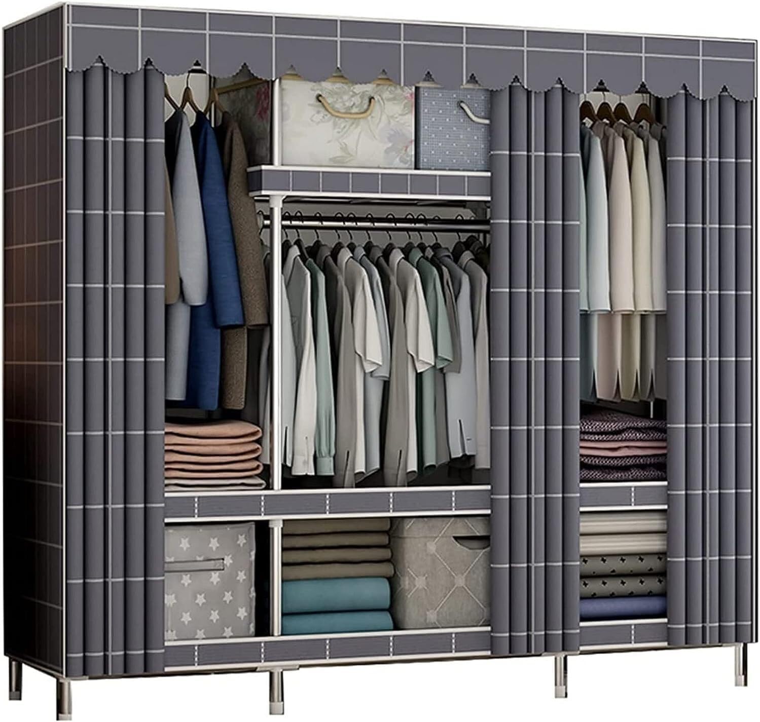Portable Metal Wardrobe, Multifunction Fabric Closet with Shelves Hanging Rod