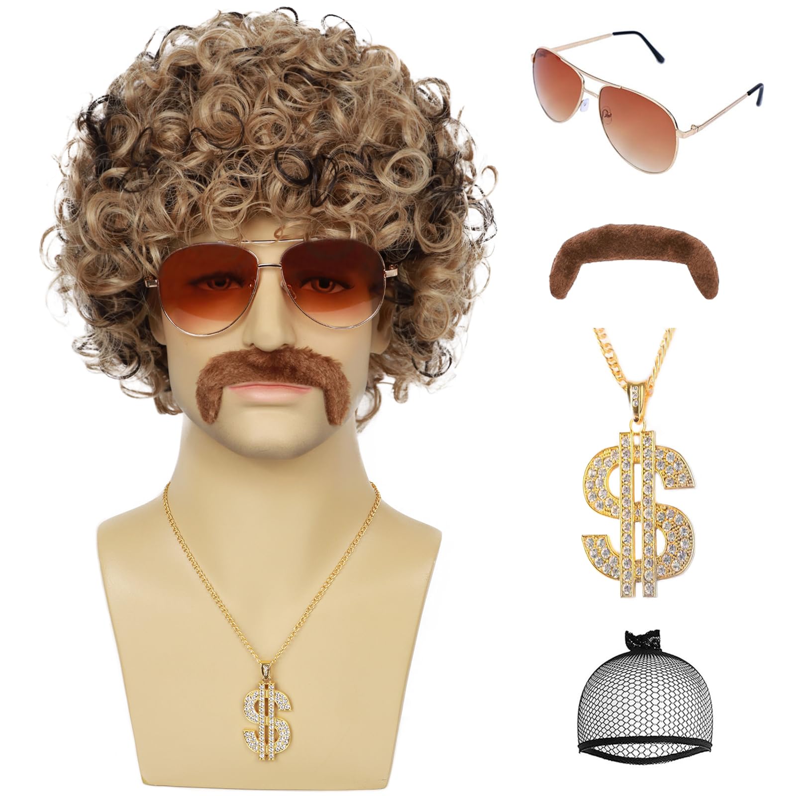 YTbeauty 70s 80s Disco Wig with Mustache Sunglasses Necklace Golden Chain Short Afro Curly Wig for Men 60s Rocker Hippies Costume Cosplay Halloween