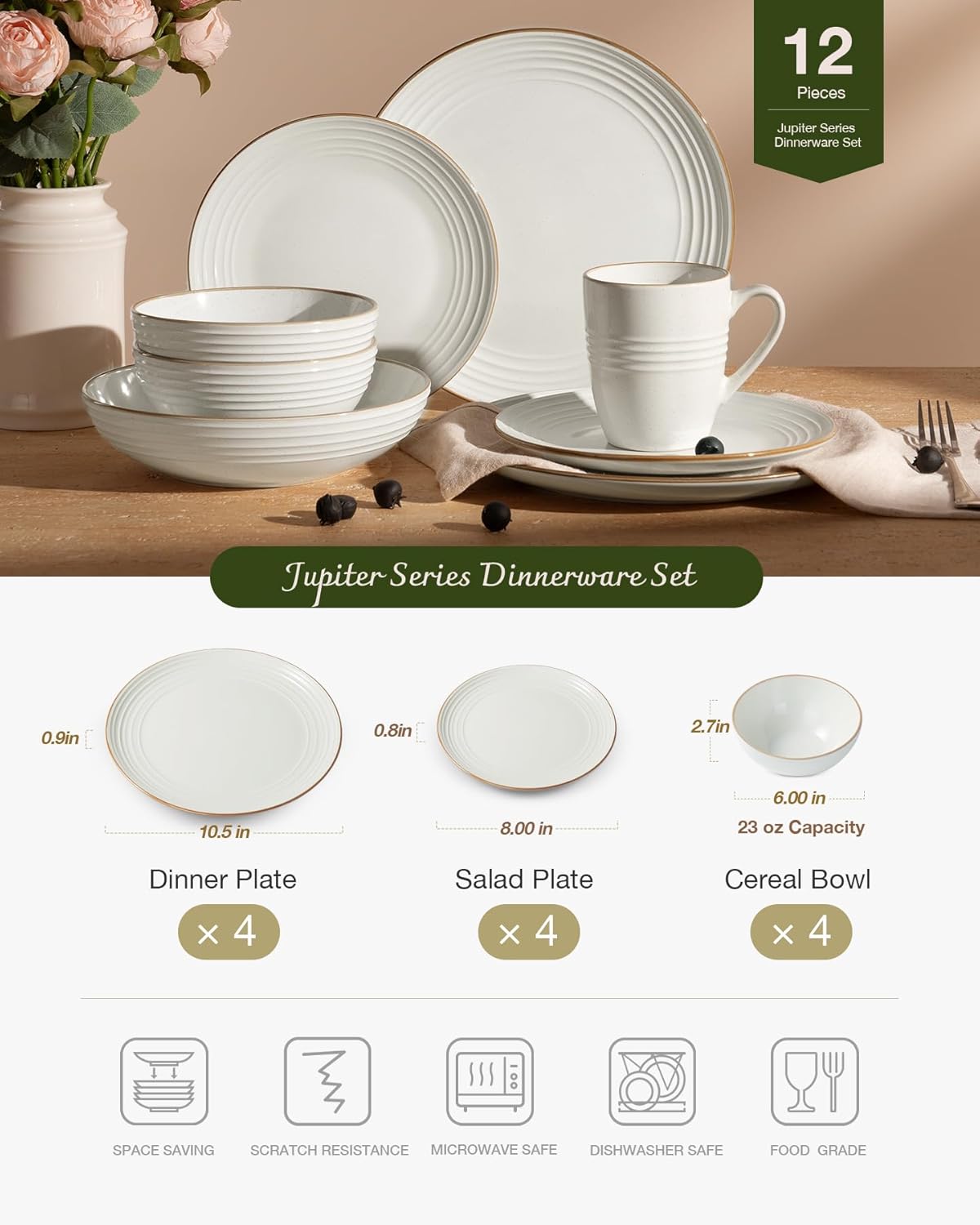 Famiware Jupiter Dinnerware Set, Plates and Bowls Dish Sets for 4 (12 Pieces), Microwave and Dishwasher Safe Stoneware Speckled Tableware, Chip and Scratch Resistant, White - Image 4