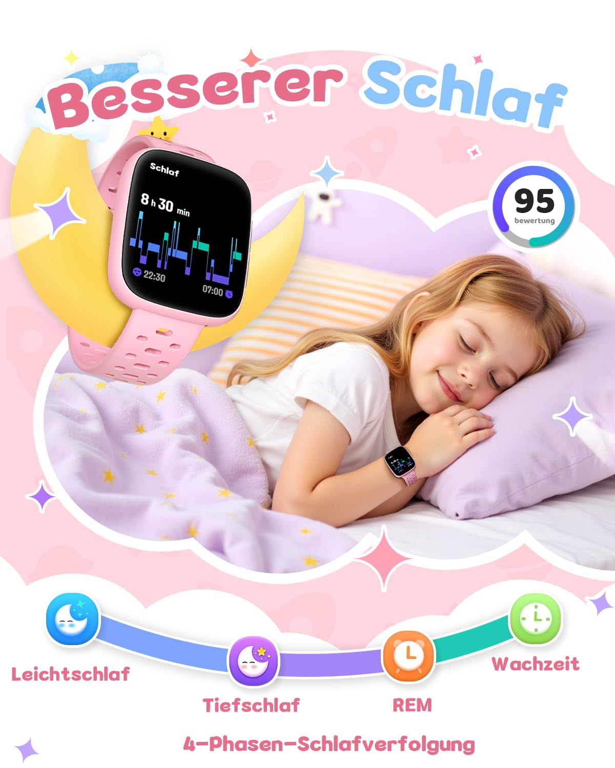 Smartwatch Kinder Ohne Handy/App nutzbar, 1,83" AMOLED Display Fitnessuhr mit IP68 wasserdicht, Schrittzähler, Herzfrequenz/Schlafmonitor, Wecker, Fitness Tracker für Mädchen 5-12