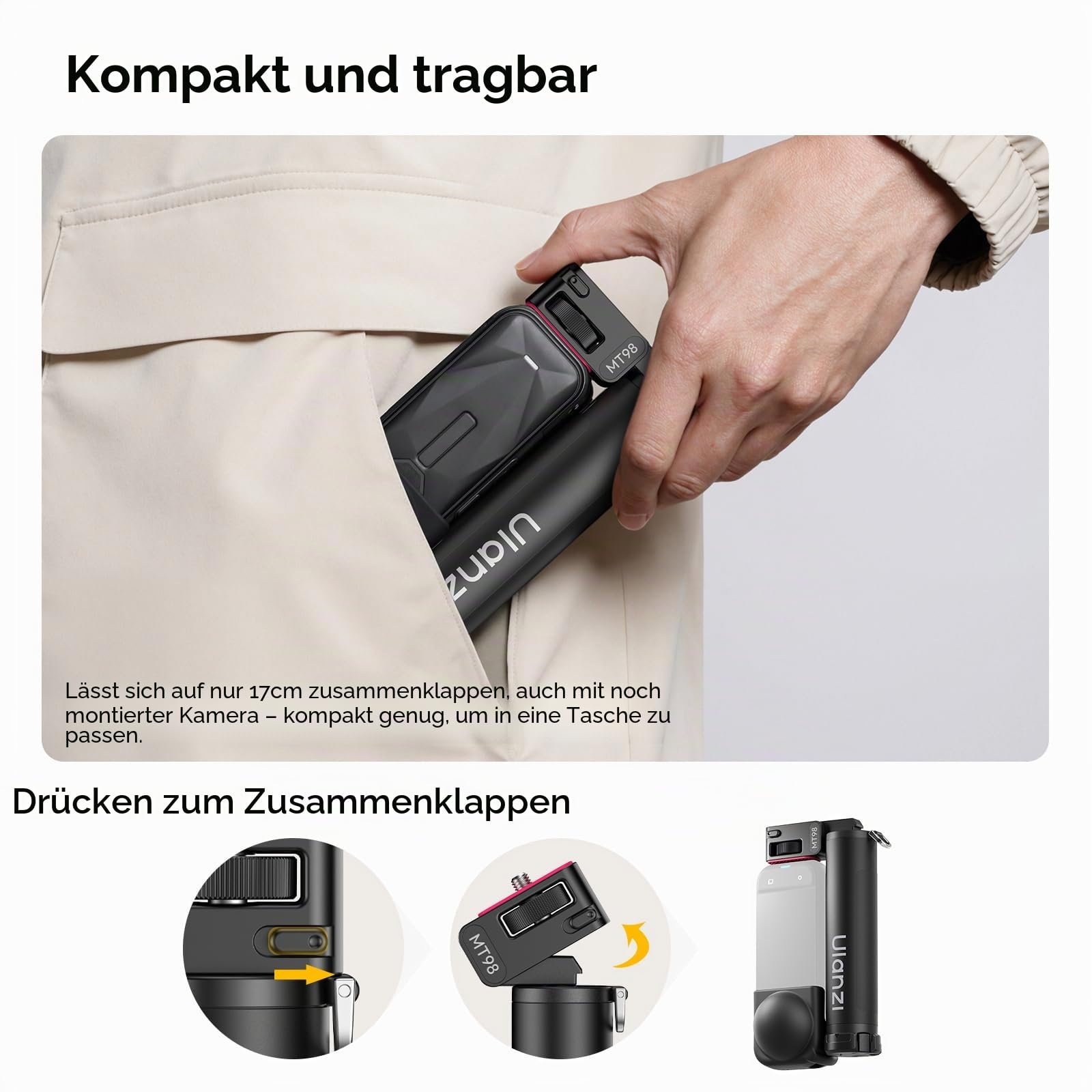 Ulanzi MT98 Selfie Stick Stativ kompatibel mit Insta360 X4/X5/X3/Ace Pro/ONE X2, Faltbarer Action Kamera stativ für DJI Osmo Pocket 3 4; 1/4" Zoll Handheld Pole Stick; 57cm Unsichtbarer Selfie-Stick