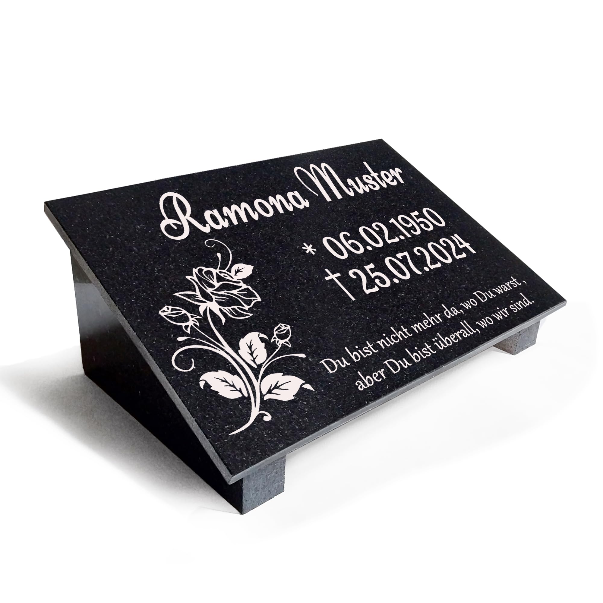 Generisch Granit Grabplatte Grabstein Gendektafel Grabkissen mit Motiv, Gravur und Stützen/Personalisierbar und wetterfeste Inschrift MA4 (30x20cm mit Stützen)