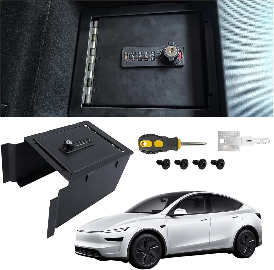 Center Console Safe Gun Safe Vault for 2026 2025 Model Y Juniper & 2026 Model 2024 2025 3 Highland Armrest Lock Box Hidden Console Storage Interior Vault with 4-digit Lock with Password Retrieval Key