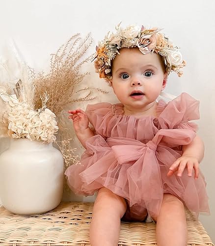 Miniatura 2 de VISGOGO Mameluco para bebé recién nacido, vestido de malla con bordado de flores, manga corta, diadema