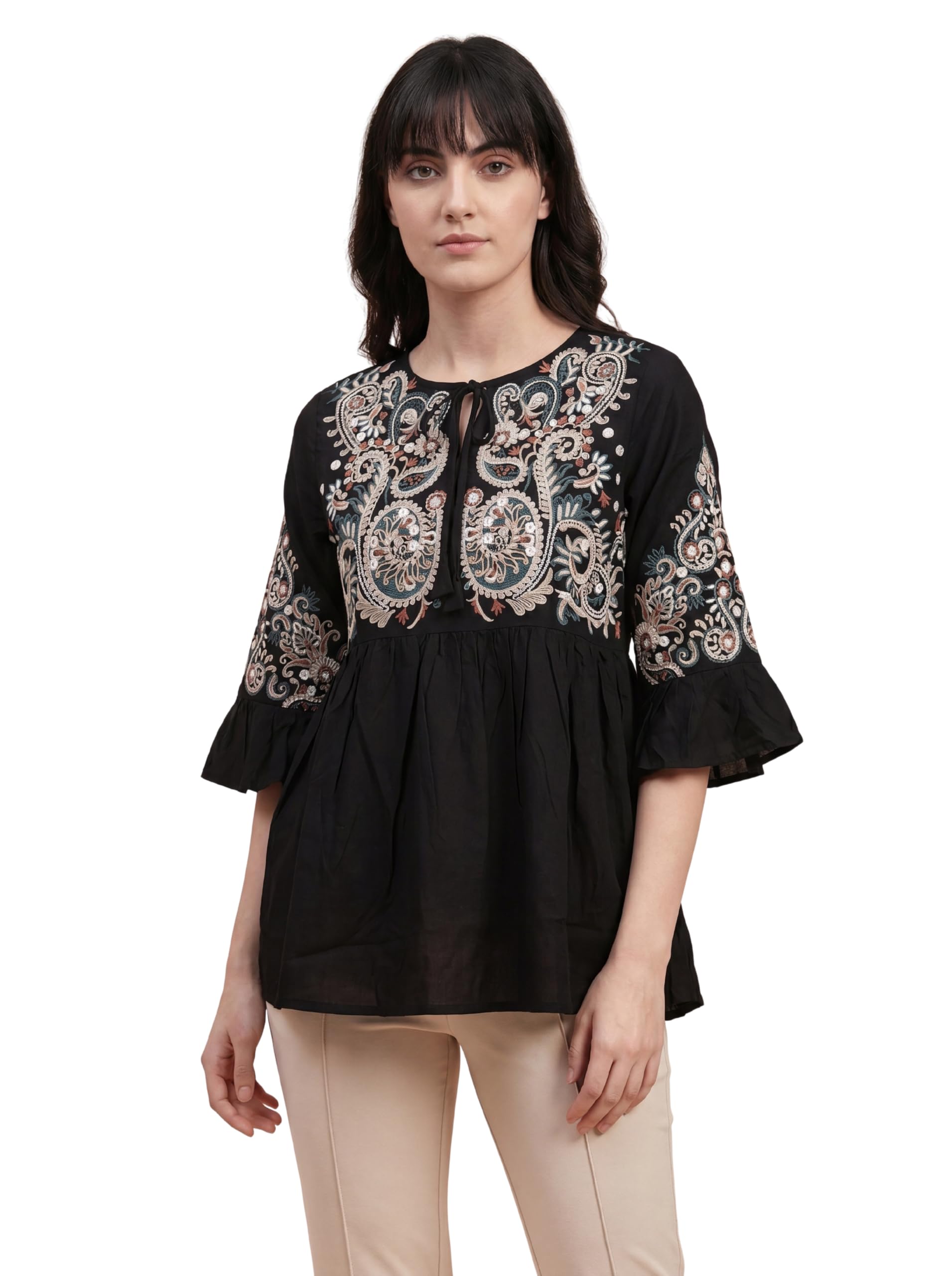 bee m pee designer Women's Latest Short Kurti Navy Embroidered Viscose Rayon Tunic Tops-picture-35