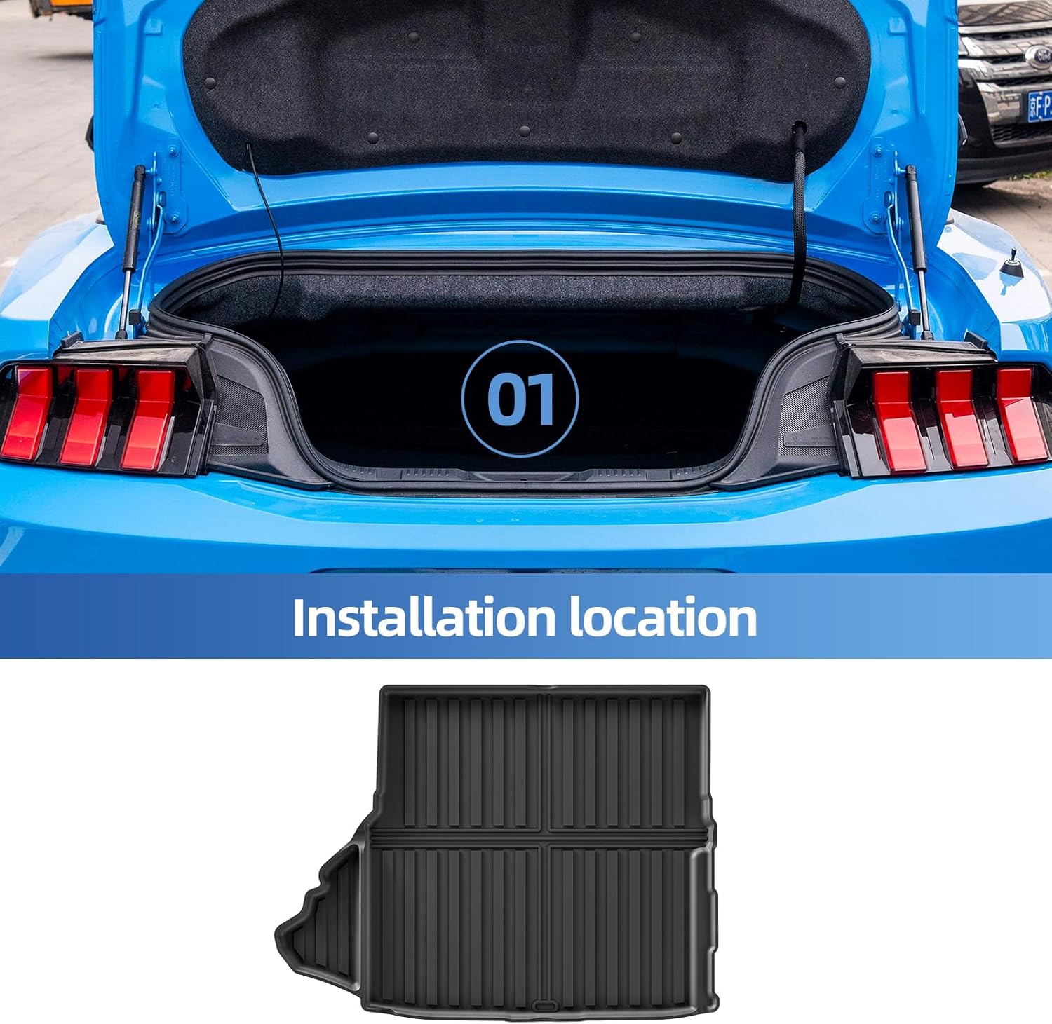 SMABEE Floor Mats & Cargo Liner for 2015-2024 2025 Ford Mustang Equipped with Subwoofer, TPE All Weather Floor Liners Trunk Mat Accessories Interior Black