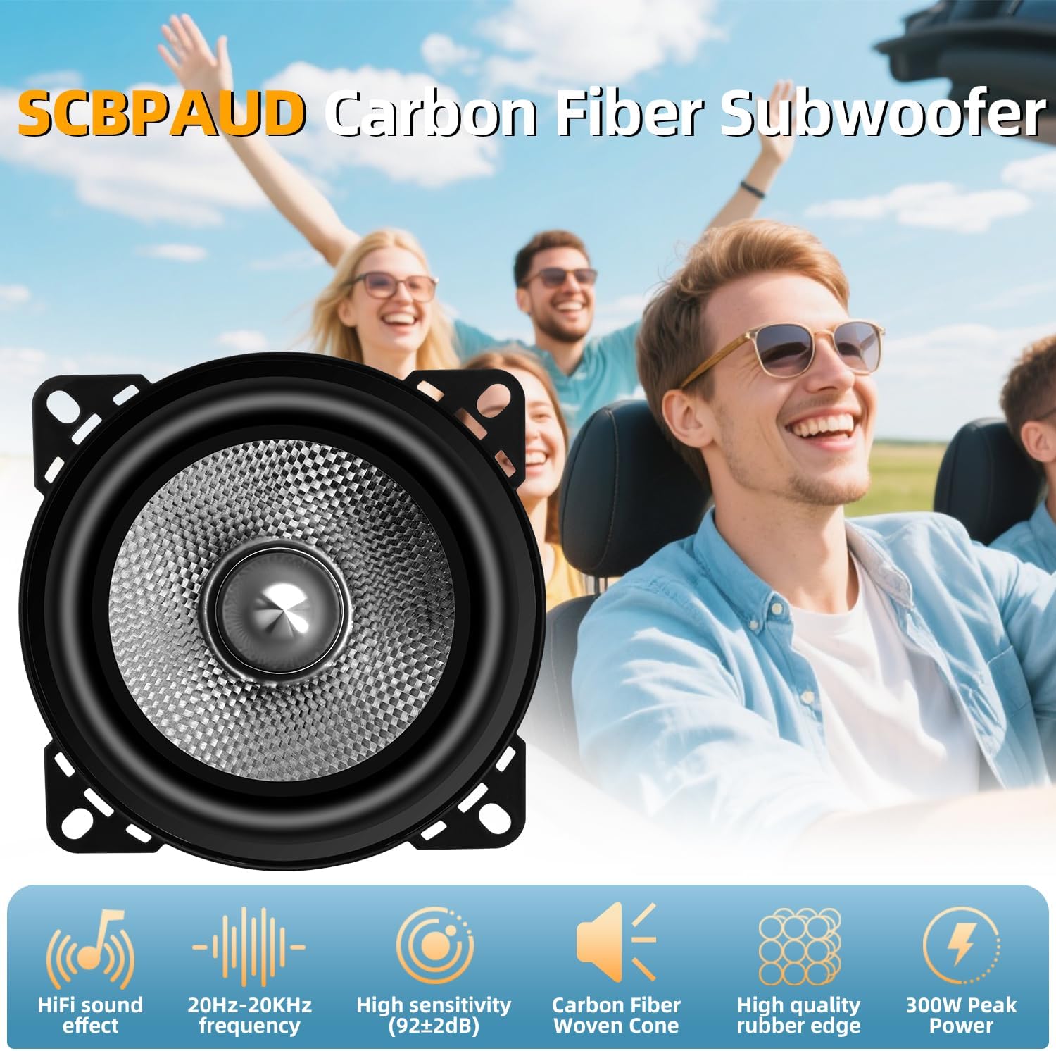 Upgrade 4" Car Speakers 300W Peak Power - High-Performance Carbon Fiber Cone Woofers, Bullet Head Design for Clear Bass & Stereo Sound - Suitable for Cars, Trucks, SUV, Home Theater, DIY(2-Pack)