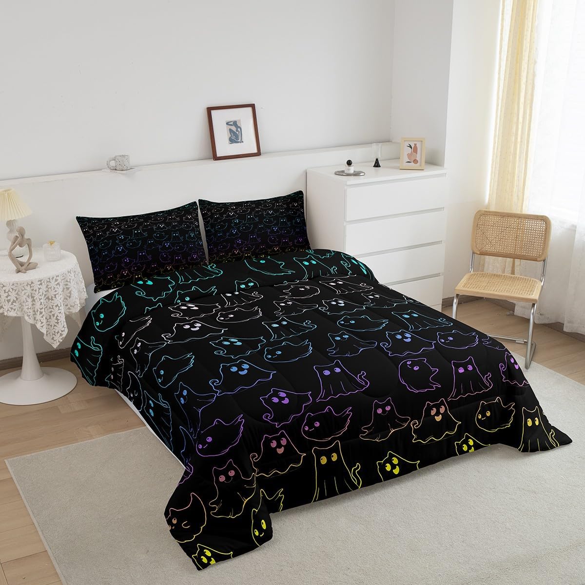 Feelyou Cartoon Colorful Ghost Comforter Set Queen Size Kids Kawaii Cute Ghost Comforter for Boys Girls Teens Geometric Stripe Bedding Set Halloween Theme Duvet Set