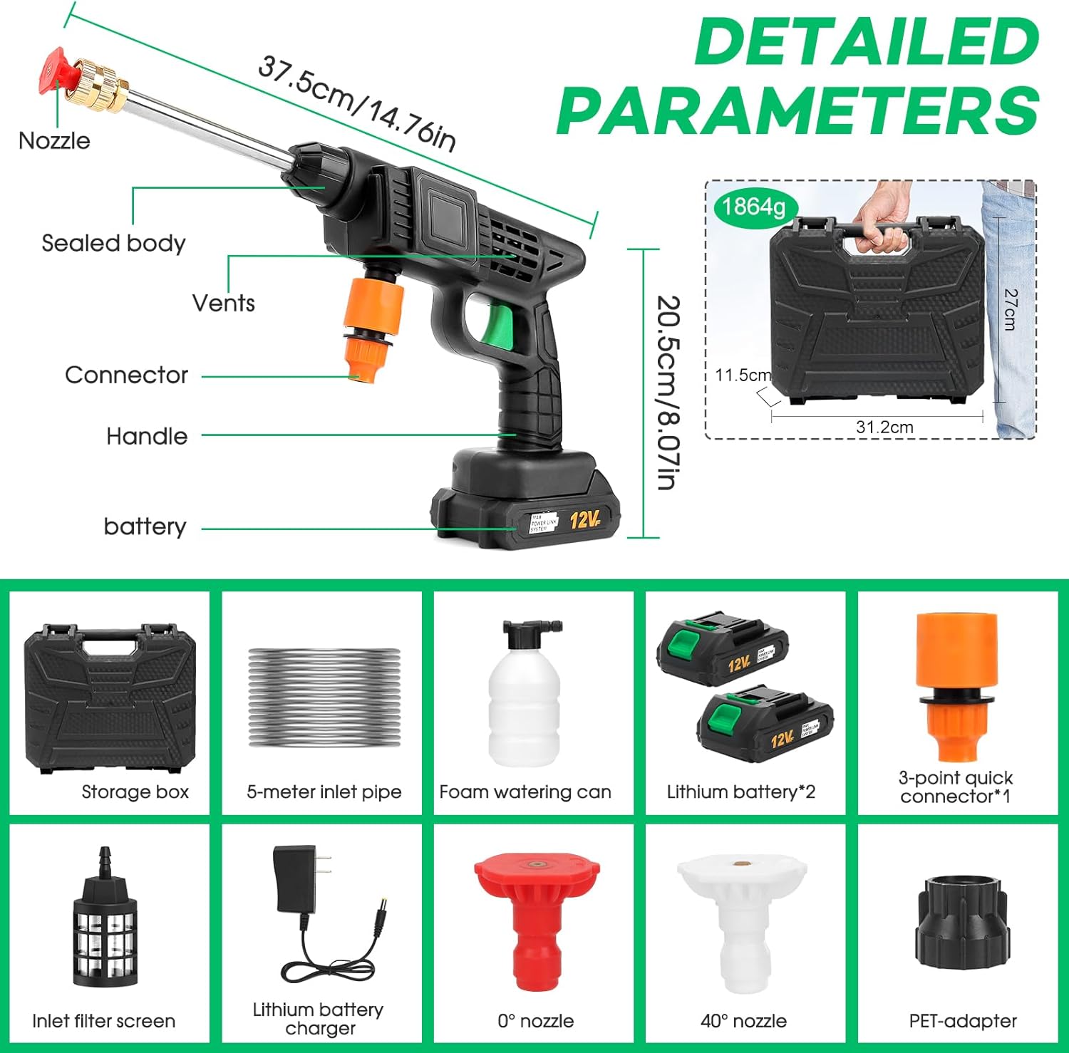 Cordless Pressure Washer,600PSI Portable Power Washer with 2 Nozzle,Foam Cannon,16.4FT High-Elastic Hose,Handheld Pressure Water Spray Gun,Power Cleaner for Car,Garden,Floor,Home,Outdoor Cleaning