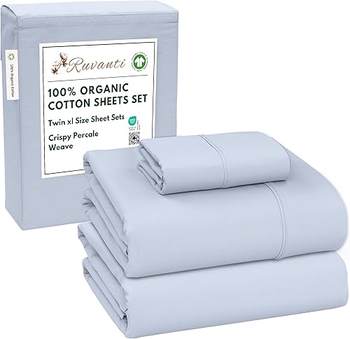 RUVANTI - Juego de sábanas individual XL, 100% algodón orgánico, percal, certificado GOTS, 3 piezas, bolsillo profundo de 15 pulgadas, frescas,