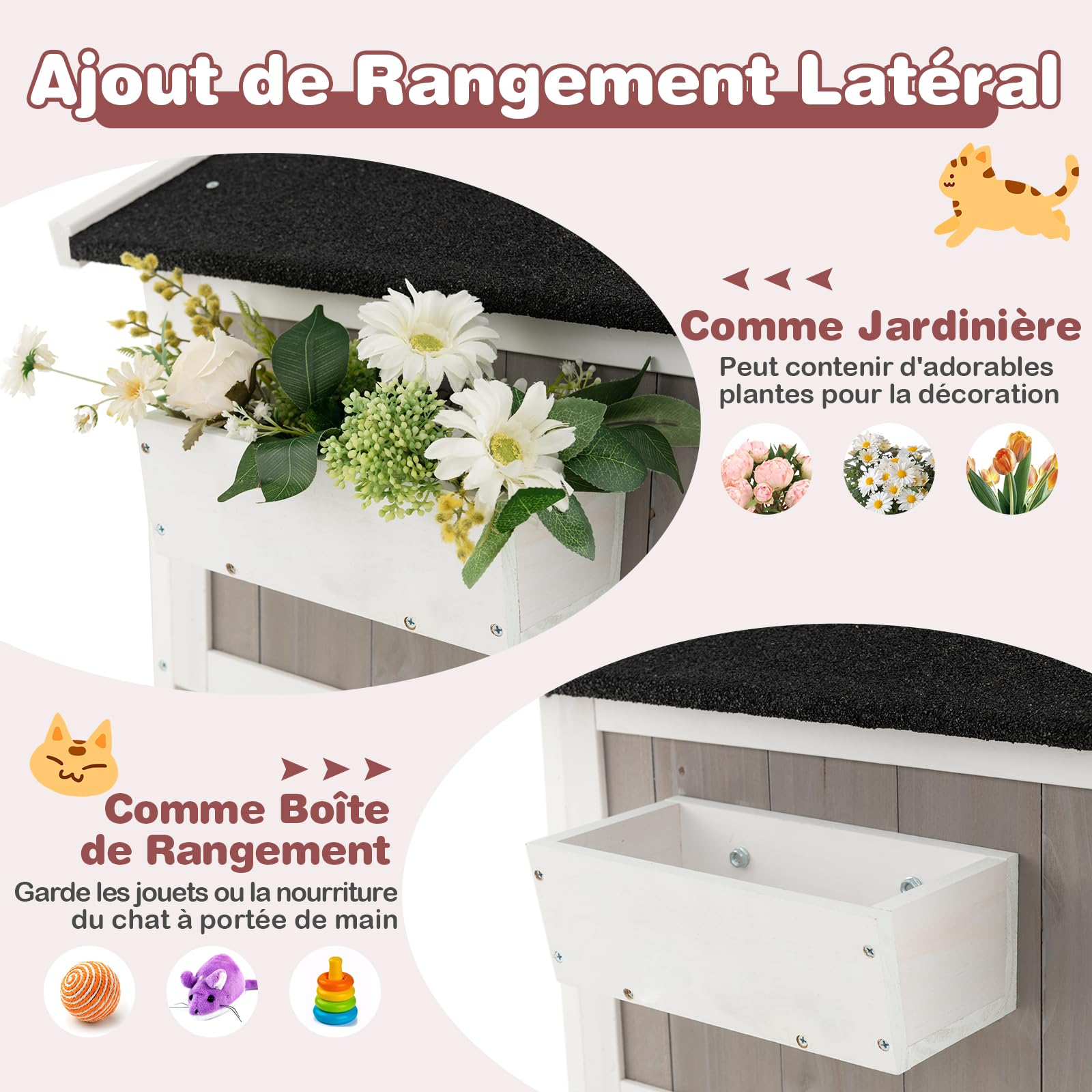 GYMAX Maison pour Chats à 2 Étages, Structure Robuste en Bois Sapin, Toit en Bitumé Imperméable, Fenêtre, Balcon, 2 Plates-Formes de Saut, Niche pour Animaux, pour Intérieur et Extérieur