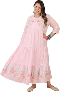 INDO ERA Women's Pink Shefali Cotton Embroidered Anarkali Plus Size Kurta Price In India