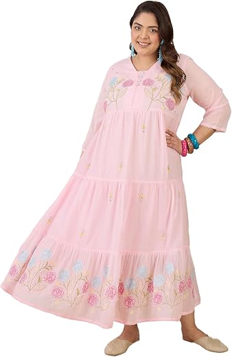 INDO ERA Women's Pink Shefali Cotton Embroidered Anarkali Plus Size Kurta