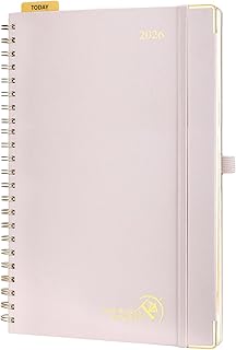 POPRUN Kalender 2026 Buchkalender A4, 12-Monate-Terminplaner Ringbuch (Jan.2026-Dez.2026), Wochenplaner 2026 Hardcover mit Plastiklineal, 100 GSM Papier - Hellrosa