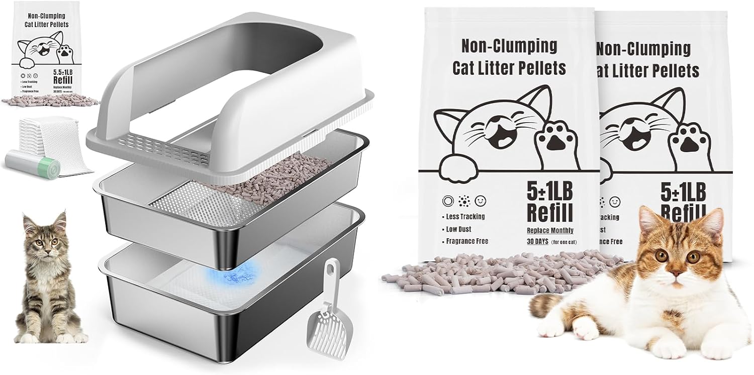19.7''x13.8''x5.9'', Enclosure Stainless Steel Litter Box, Sifting Litter Box with Zeolite Litter Pellets, High Sides Metal Litter Pan for High Peeing Cats, Anti-Leakage, Easy Cleaning, Less Tracking