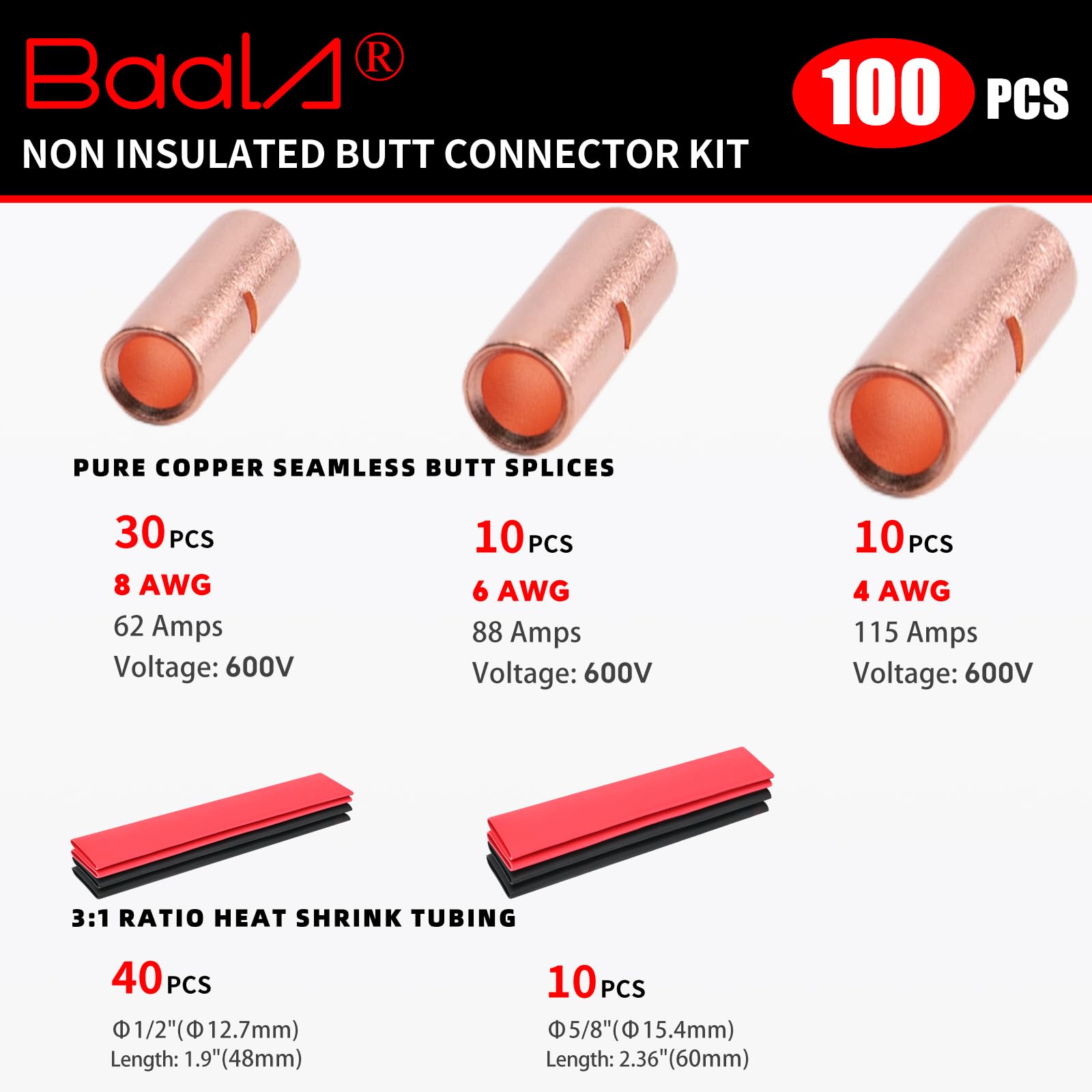 BAALA Juego de 100 conectores de tope no aislados de calibre 4/6/8 con tubo termorretráctil 4/6/8 AWG, conector de empalme a tope de cobre puro, 50 conectores de empalme de alambre de crimpado y 50