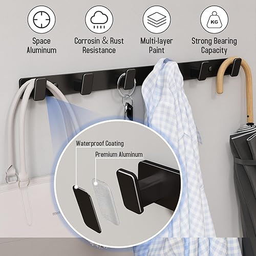 Miniatura 3 de Perchero de Pared para Abrigos con Soporte de Pared - Perchero Negro con 6 Ganchos, Ganchos de Pared para Colgar Sombrero, Llave, Bolso, Toalla,