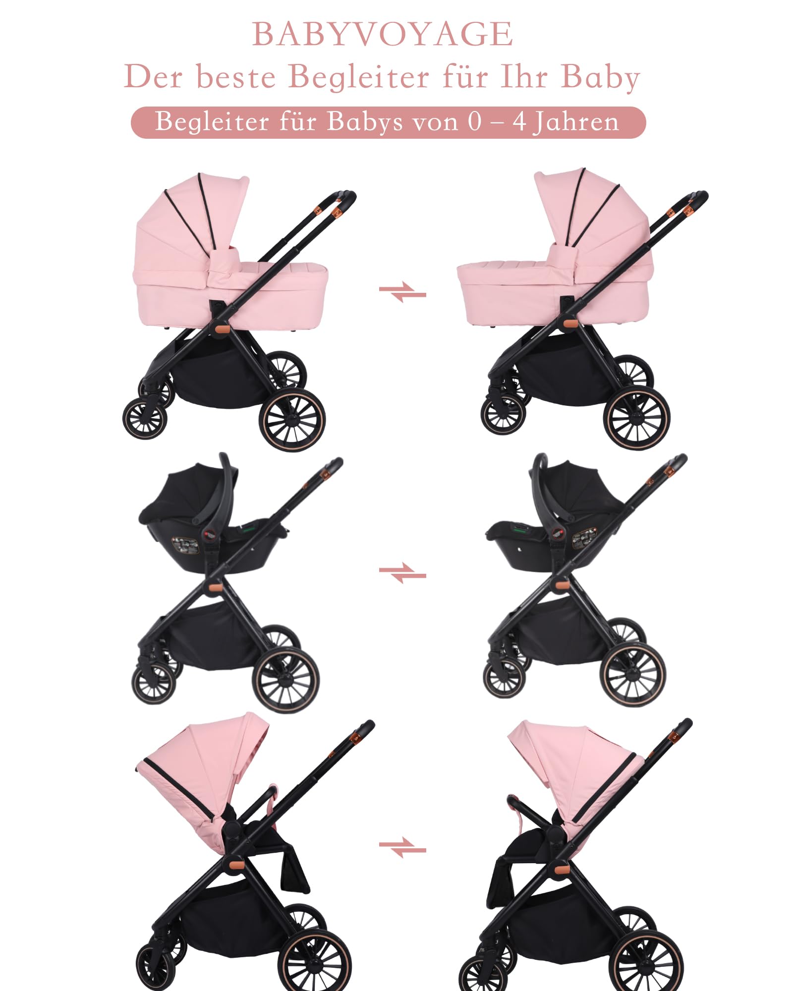 Carrito bebe 3 en 1, carro bebe con dos modos deslizantes reversibles, silla de paseo con marco de aleación de aluminio, juego completo 3 en 1 diseño plegable con un solo toque-Rosa